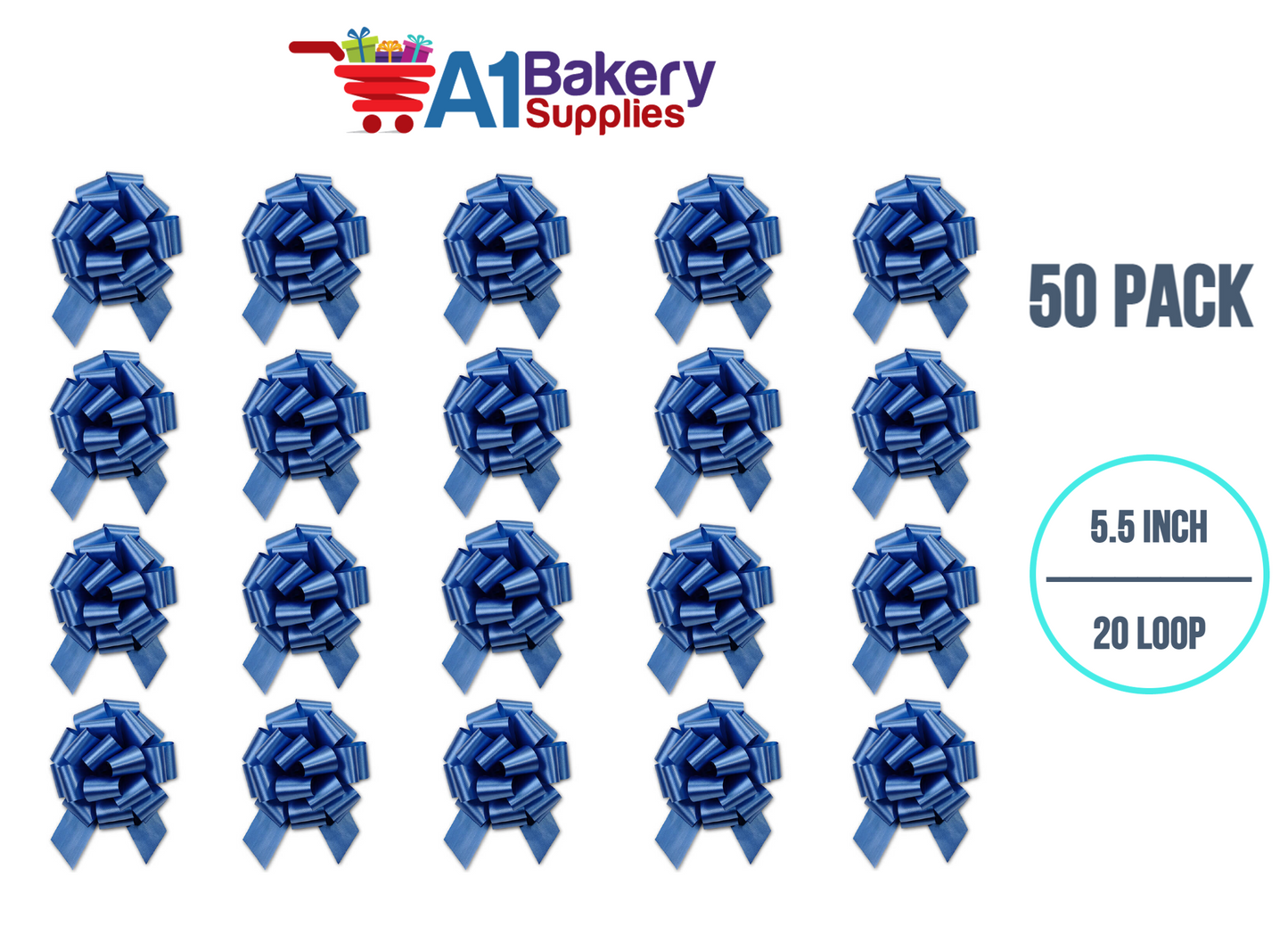 A1BakerySupplies 50 Pieces Pull Bow for Gift Wrapping Gift Bows Pull Bow With Ribbon for Wedding Gift Baskets, 5.5 Inch 20 Loop in Royal Blue Color