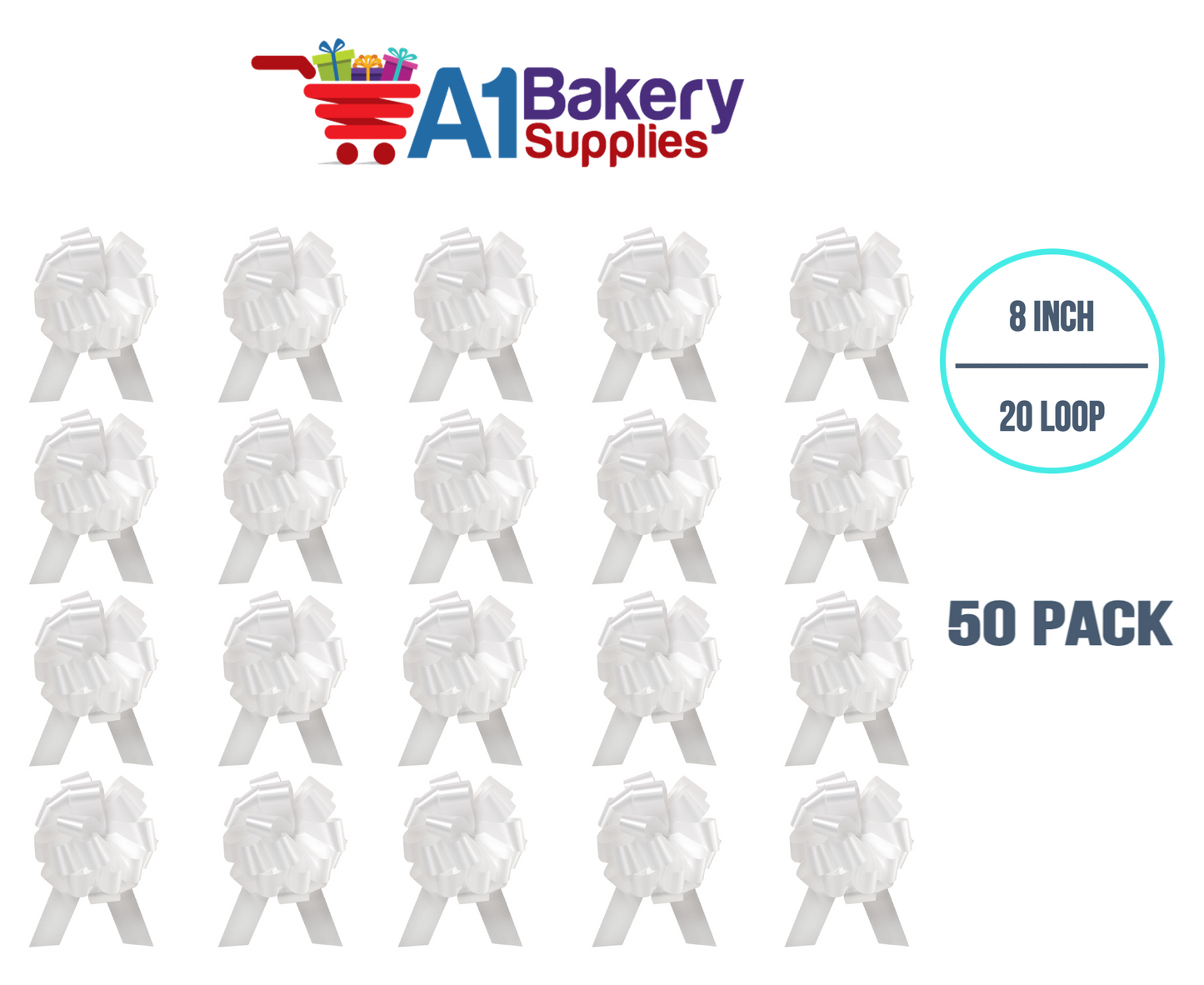 A1BakerySupplies 50 Pieces Pull Bow for Gift Wrapping Gift Bows Pull Bow With Ribbon for Wedding Gift Baskets, 8 Inch 20 Loop White Flora Satin Color