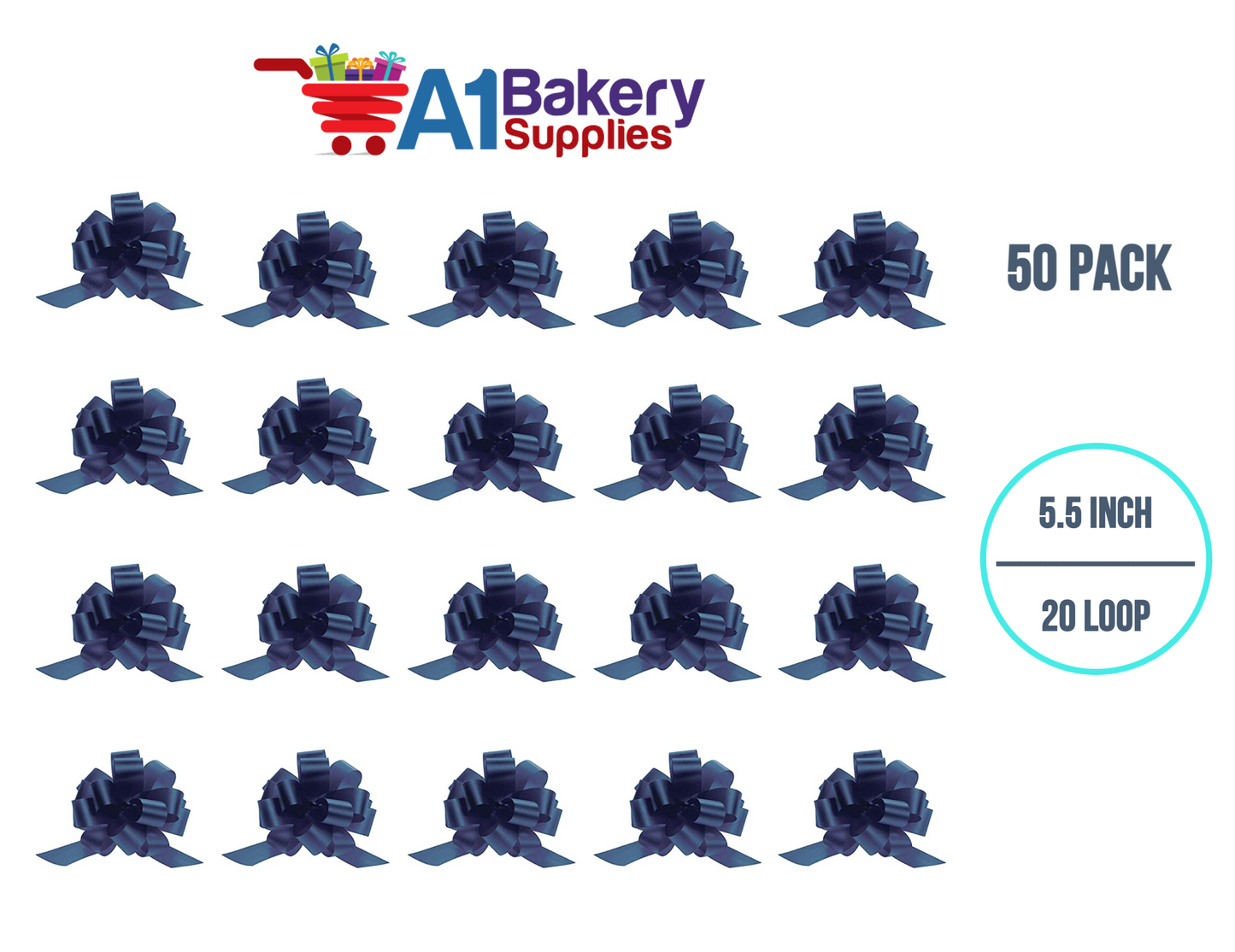 A1BakerySupplies 50 Pieces Pull Bow for Gift Wrapping Gift Bows Pull Bow With Ribbon for Wedding Gift Baskets, 5.5 Inch 20 Loop in Navy Blue Color