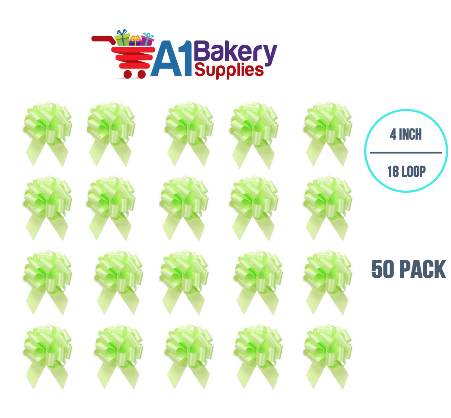 A1BakerySupplies 50 Pieces Pull Bow for Gift Wrapping Gift Bows Pull Bow With Ribbon for Wedding Gift Baskets, 4 Inch 18 Loop Celery Flora Satin Color