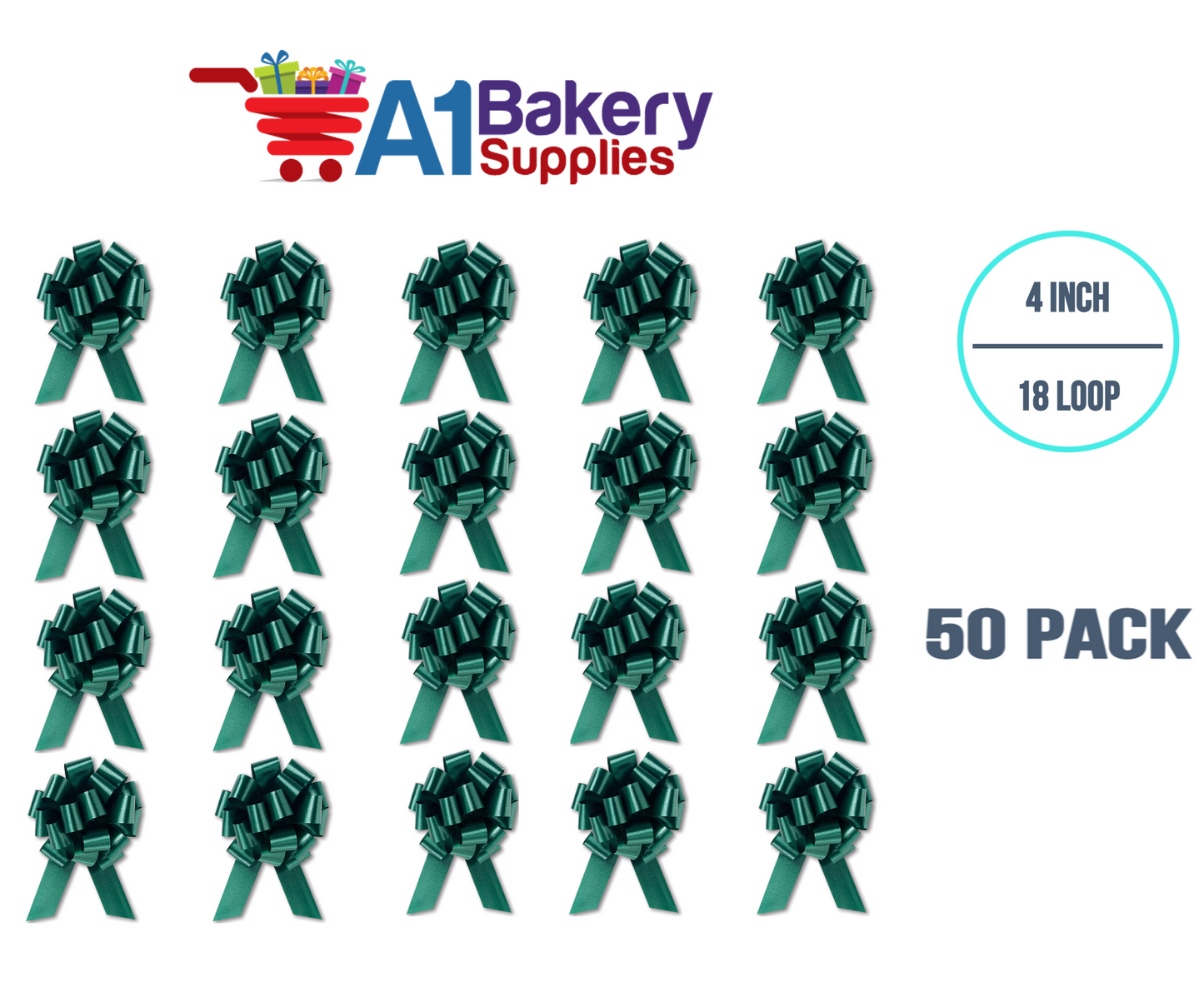 A1BakerySupplies 50 Pieces Pull Bow for Gift Wrapping Gift Bows Pull Bow With Ribbon for Wedding Gift Baskets, 4 Inch 18 Loop Hunter Green Flora Satin Color