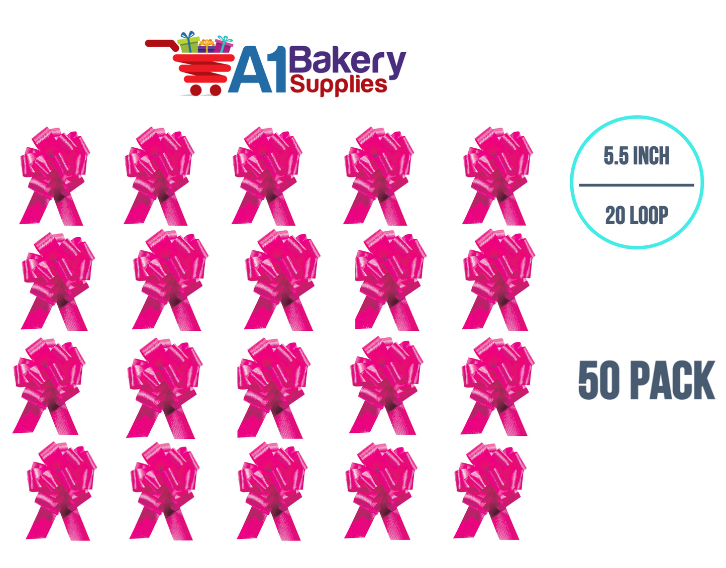 A1BakerySupplies 50 Pieces Pull Bow for Gift Wrapping Gift Bows Pull Bow With Ribbon for Wedding Gift Baskets, 5.5 Inch 20 Loop in Pink Beauty Color