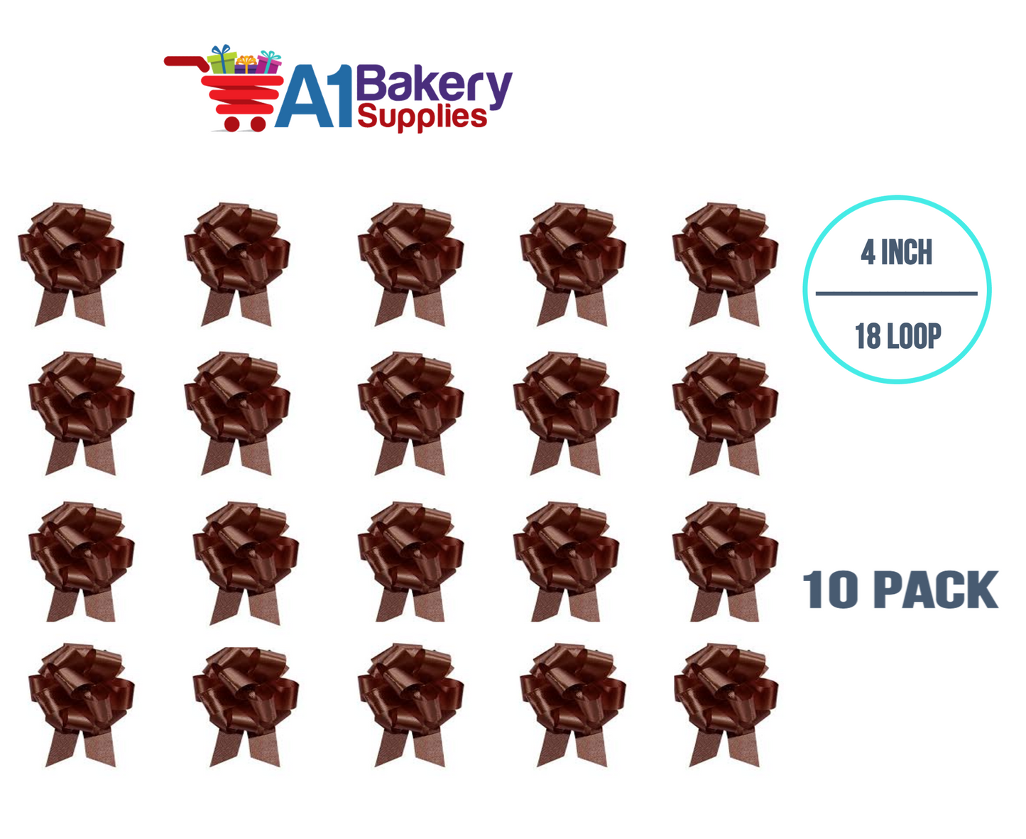 A1BakerySupplies 50 Pieces Pull Bow for Gift Wrapping Gift Bows Pull Bow With Ribbon for Wedding Gift Baskets, 4 Inch 18 Loop Chocolate Flora Satin Color