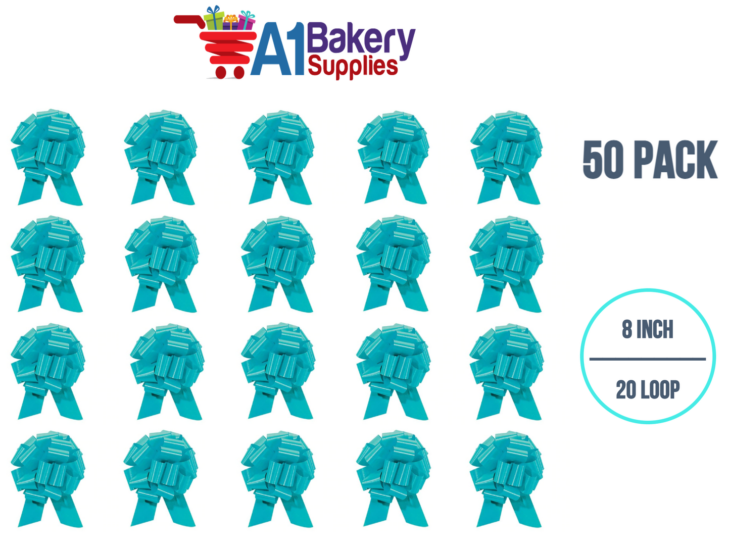 A1BakerySupplies 50 Pieces Pull Bow for Gift Wrapping Gift Bows Pull Bow With Ribbon for Wedding Gift Baskets, 8 Inch 20 Loop Turquoise Flora Satin Color