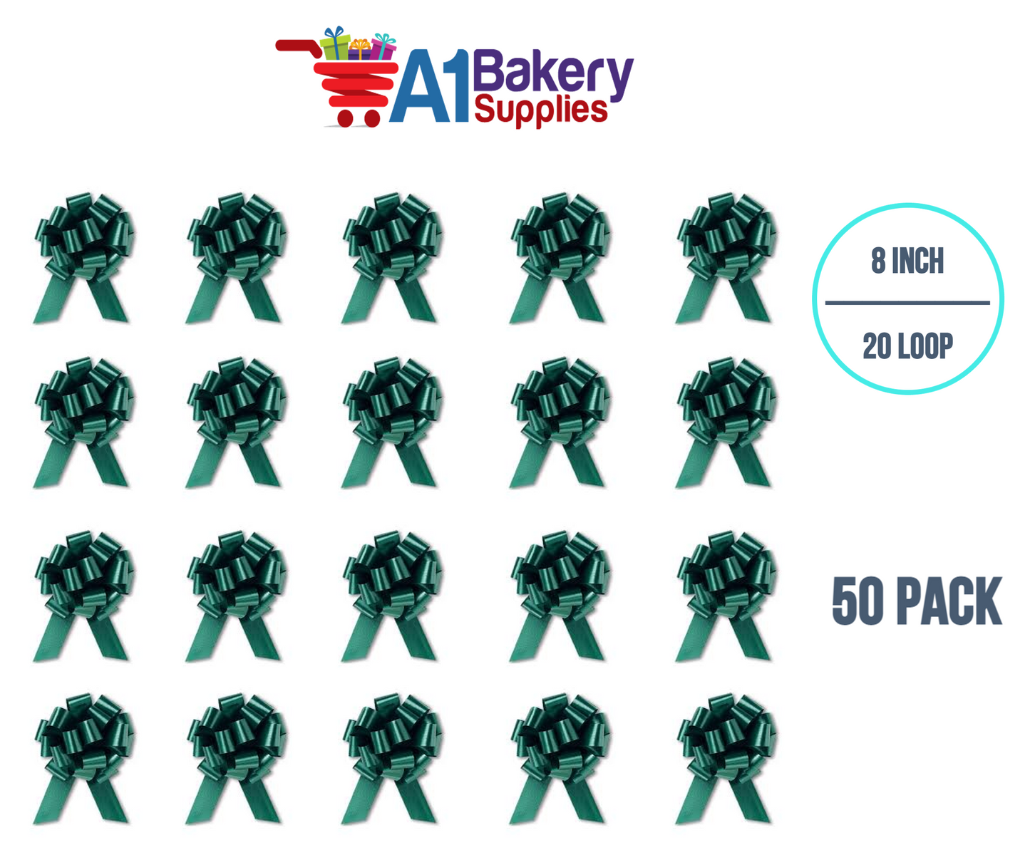A1BakerySupplies 50 Pieces Pull Bow for Gift Wrapping Gift Bows Pull Bow With Ribbon for Wedding Gift Baskets, 8 Inch 20 Loop Hunter Green Flora Satin Color