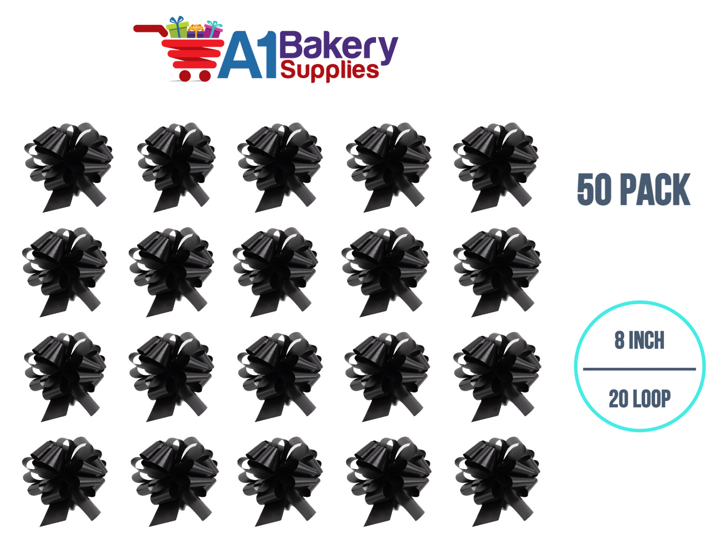 A1BakerySupplies 50 Pieces Pull Bow for Gift Wrapping Gift Bows Pull Bow With Ribbon for Wedding Gift Baskets, 8 Inch 20 Loop Black Flora Satin Color
