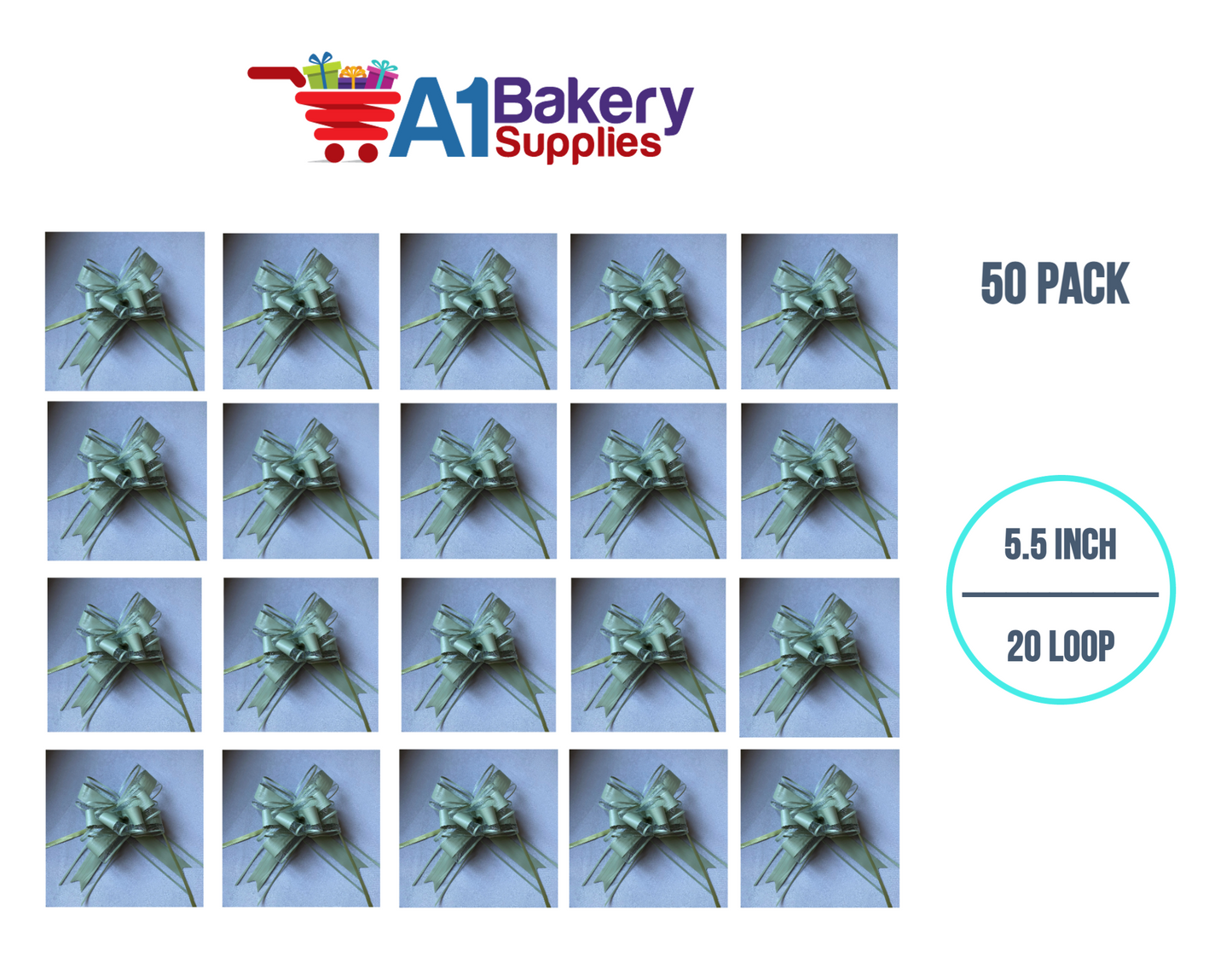 A1BakerySupplies 50 Pieces Pull Bow for Gift Wrapping Gift Bows Pull Bow With Ribbon for Wedding Gift Baskets, 5.5 Inch 20 Loop in Sage Color