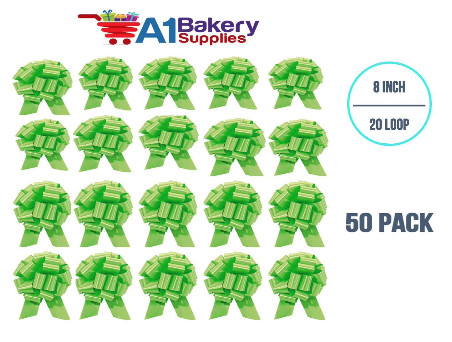 A1BakerySupplies 50 Pieces Pull Bow for Gift Wrapping Gift Bows Pull Bow With Ribbon for Wedding Gift Baskets, 8 Inch 20 Loop Citrus Green Flora Satin Color