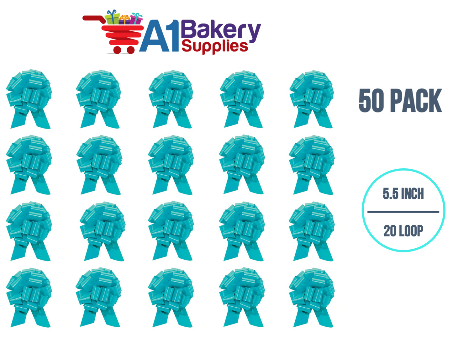 A1BakerySupplies 50 Pieces Pull Bow for Gift Wrapping Gift Bows Pull Bow With Ribbon for Wedding Gift Baskets, 5.5 Inch 20 Loop in Turquoise Color