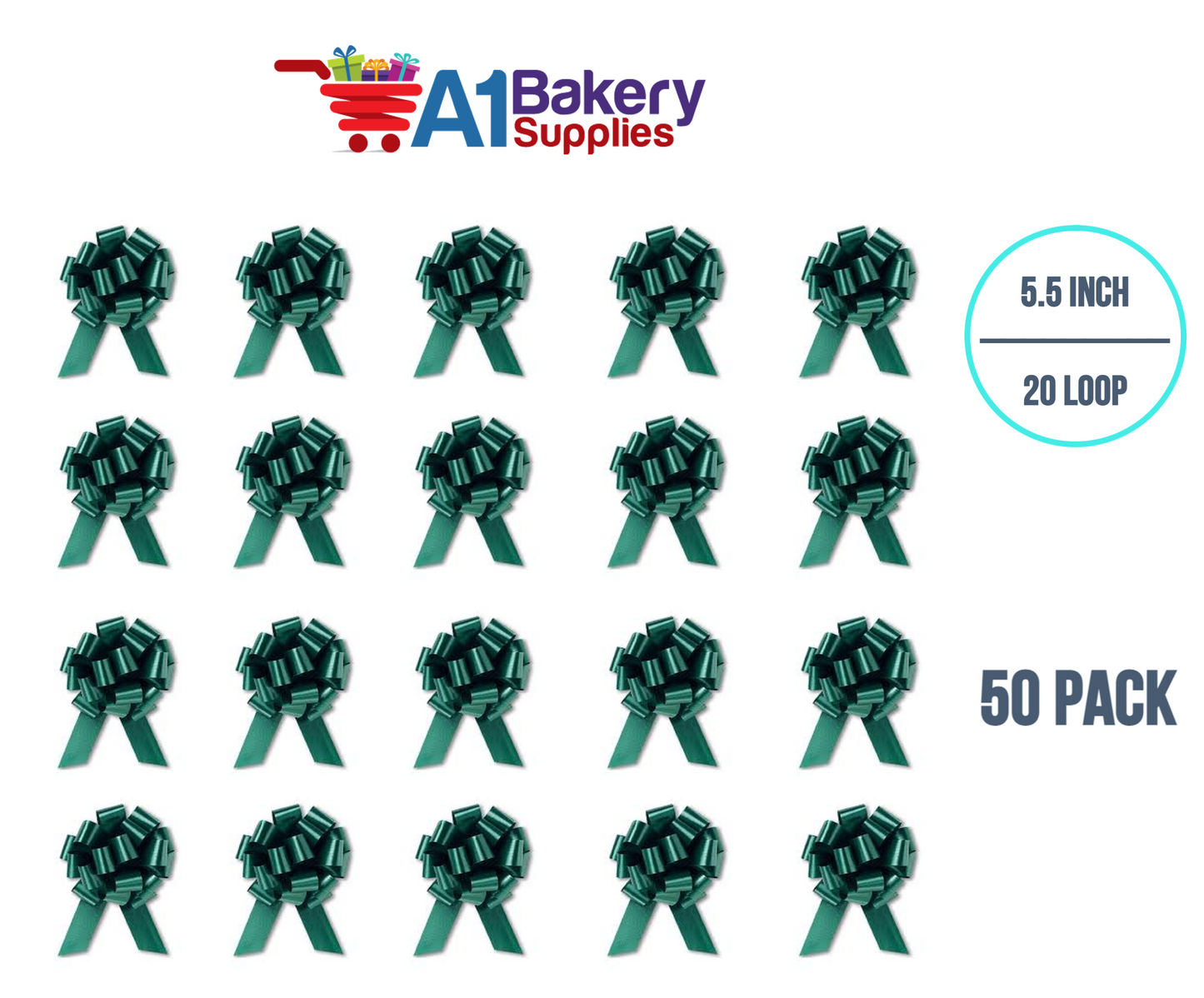 A1BakerySupplies 50 Pieces Pull Bow for Gift Wrapping Gift Bows Pull Bow With Ribbon for Wedding Gift Baskets, 5.5 Inch 20 Loop in Hunter Green Color