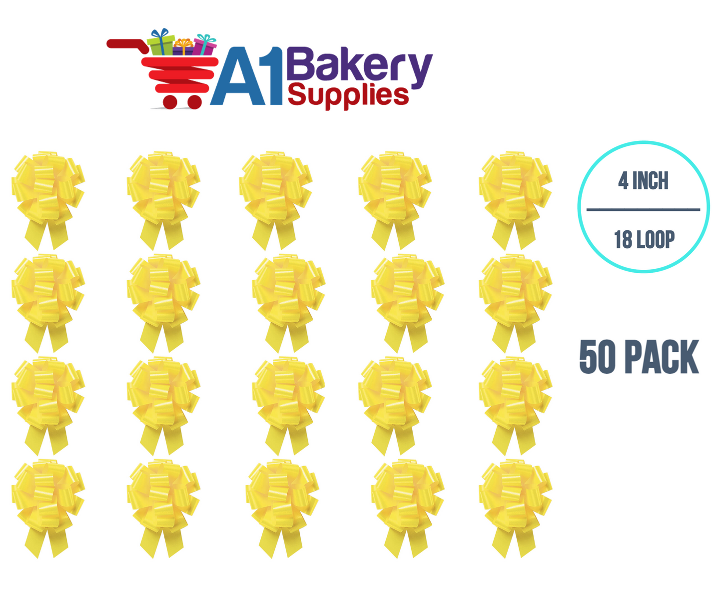 A1BakerySupplies 50 Pieces Pull Bow for Gift Wrapping Gift Bows Pull Bow With Ribbon for Wedding Gift Baskets, 4 Inch 18 Loop Yellow Daffodil Flora Satin Color