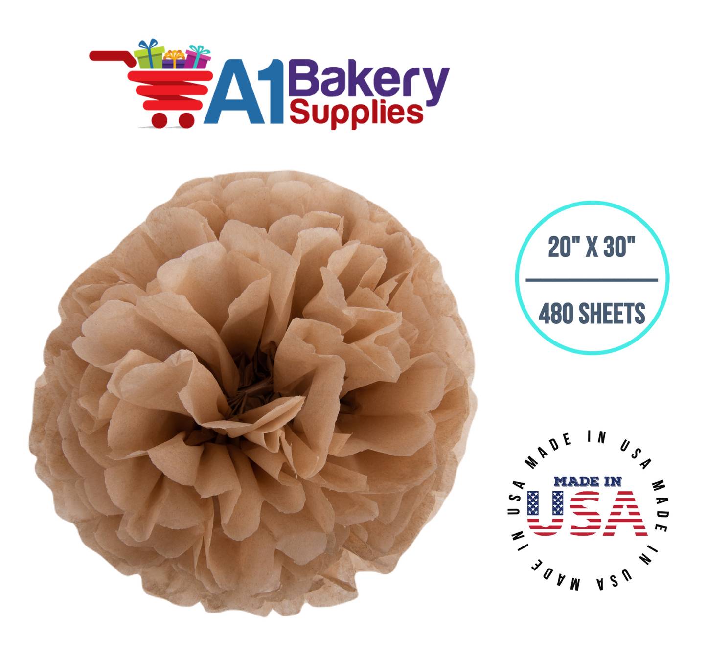 Desert Tan  Tissue Paper Squares, Bulk 480 Sheets, Premium Gift Wrap and Art Supplies for Birthdays, Holidays, or Presents by A1BakerySupplies, Large 20 Inch x 30 Inch