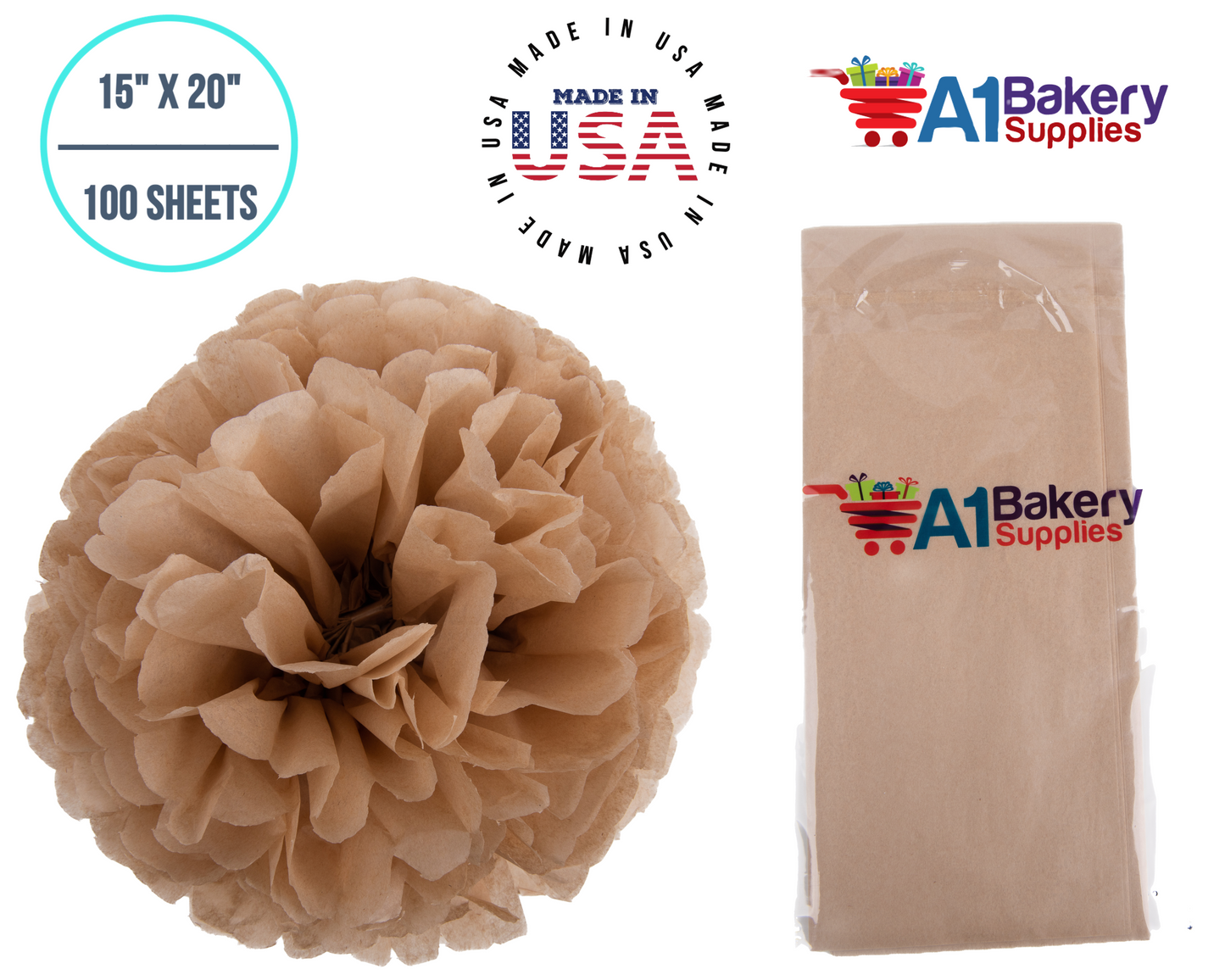 Desert Tan  Tissue Paper Squares, Bulk 100 Sheets, Premium Gift Wrap and Art Supplies for Birthdays, Holidays, or Presents by A1BakerySupplies, Medium 15 Inch x 20 Inch