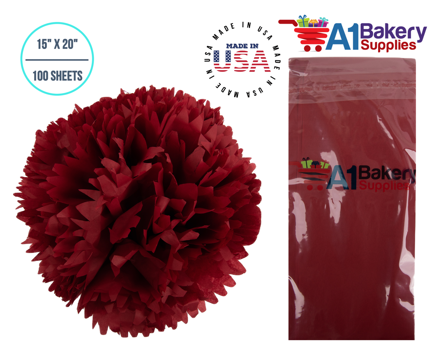 Scarlet Red Tissue Paper Squares, Bulk 100 Sheets, Premium Gift Wrap and Art Supplies for Birthdays, Holidays, or Presents by A1BakerySupplies, Medium 15 Inch x 20 Inch