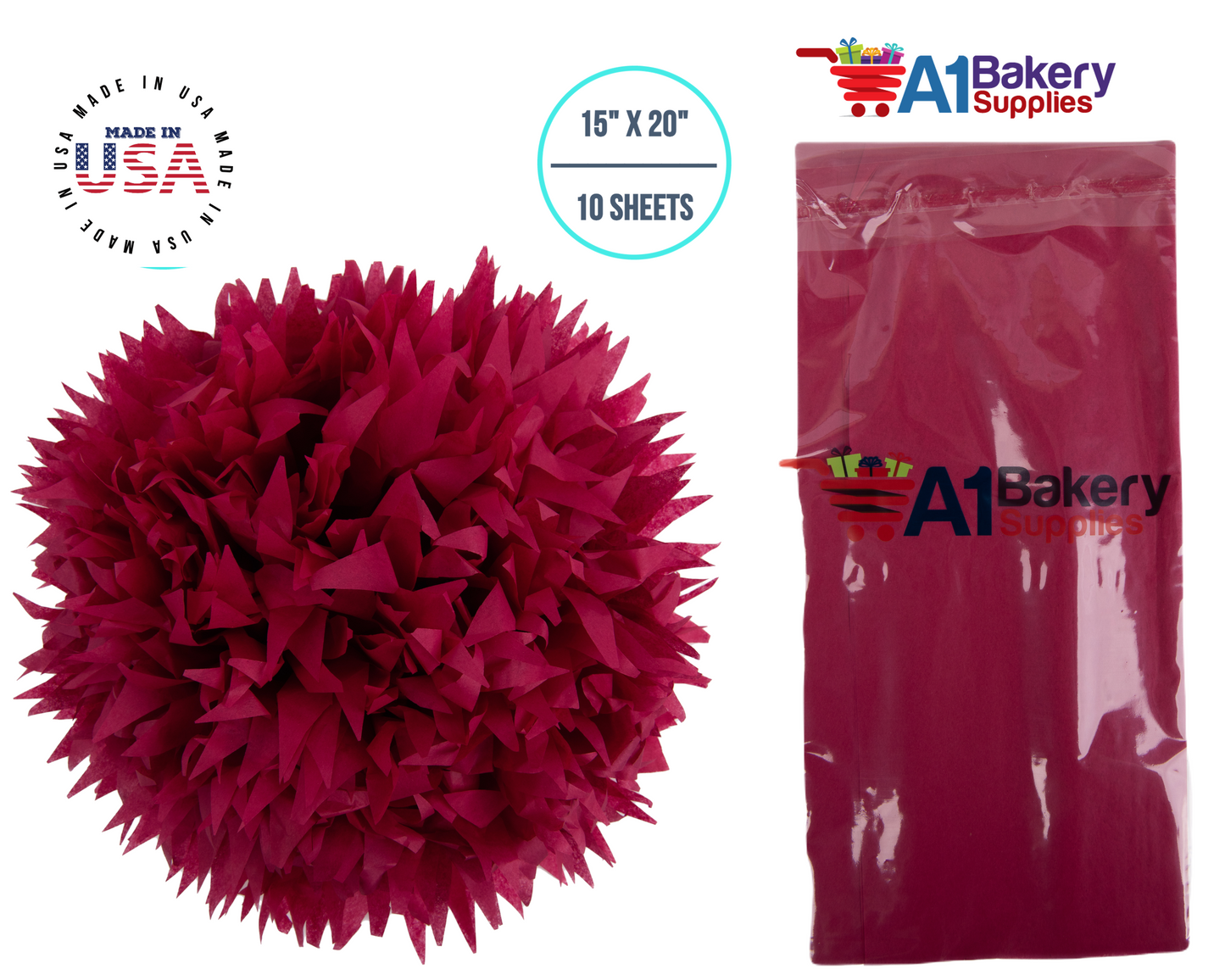 Cranberry Tissue Paper Squares, Bulk 10 Sheets, Premium Gift Wrap and Art Supplies for Birthdays, Holidays, or Presents by A1BakerySupplies, Small 15 Inch x 20 Inch