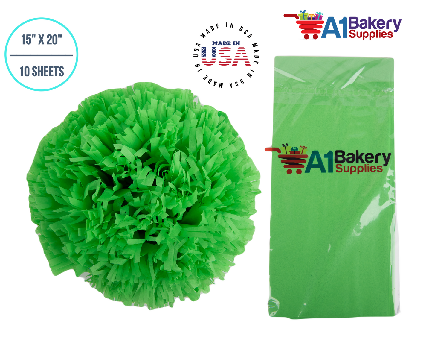 Groovy Green  Tissue Paper Squares, Bulk 10 Sheets, Premium Gift Wrap and Art Supplies for Birthdays, Holidays, or Presents by A1BakerySupplies, small 15 Inch x 20 Inch
