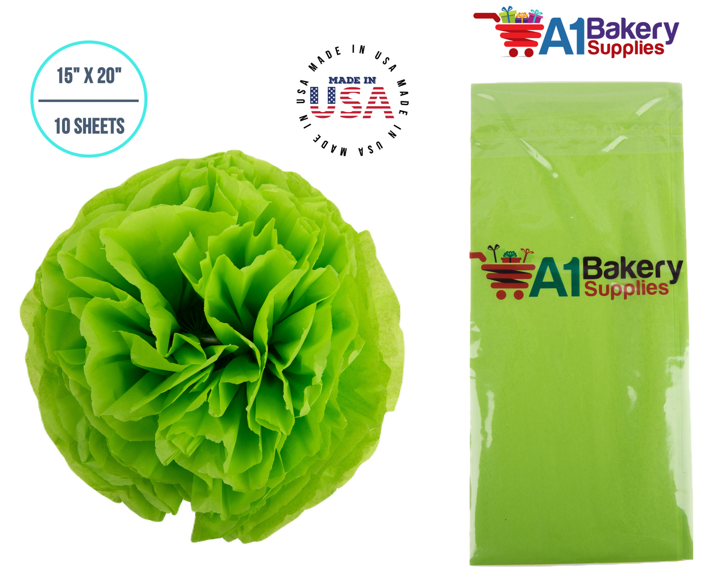 Bright Lime Tissue Paper Squares, Bulk 10 Sheets, Premium Gift Wrap and Art Supplies for Birthdays, Holidays, or Presents by A1BakerySupplies, Small 15 Inch x 20 Inch