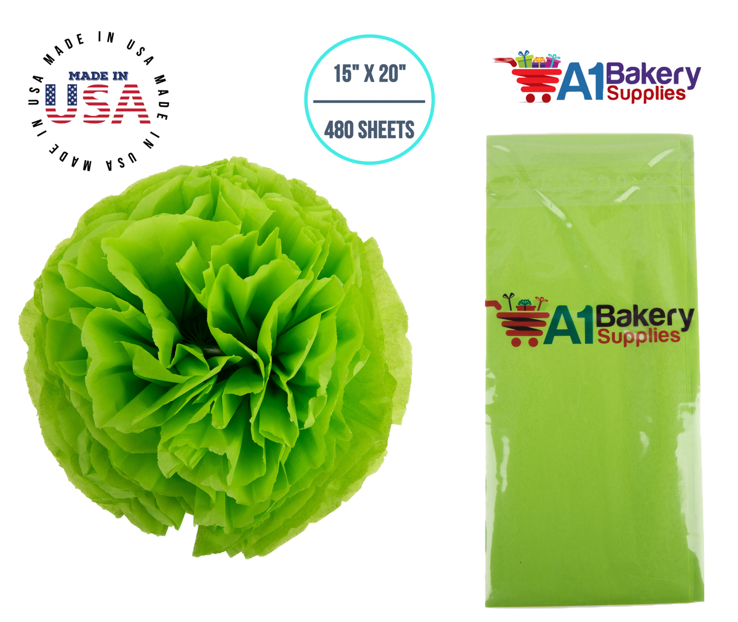 Bright Lime Tissue Paper Squares, Bulk 480 Sheets, Premium Gift Wrap and Art Supplies for Birthdays, Holidays, or Presents by A1BakerySupplies, Large 15 Inch x 20 Inch