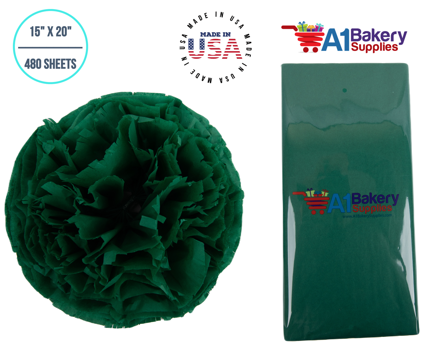 Emerald Green Tissue Paper Squares, Bulk 480 Sheets, Premium Gift Wrap and Art Supplies for Birthdays, Holidays, or Presents by A1BakerySupplies, Large 15 Inch x 20 Inch