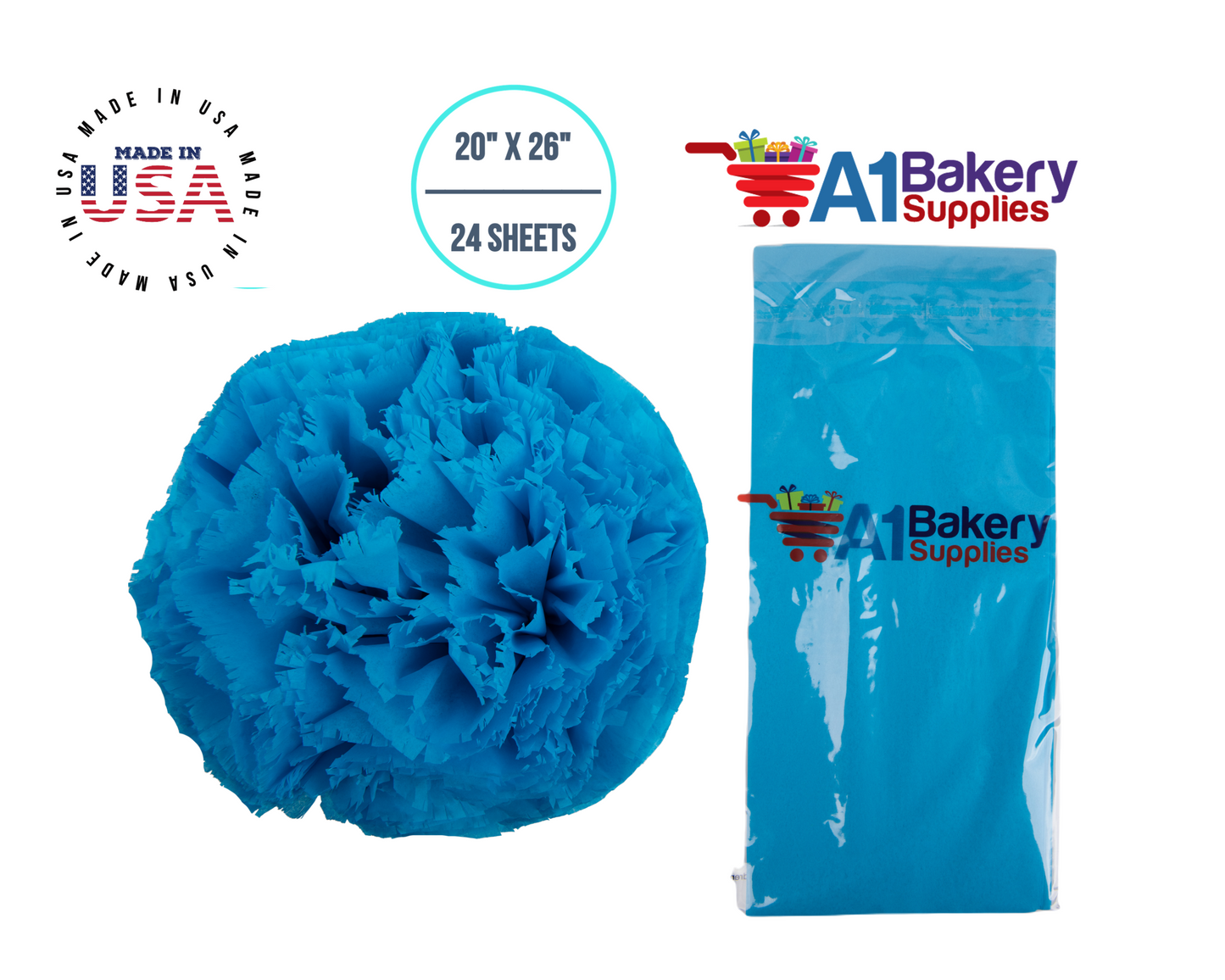 Turquoise Blue Tissue Paper Squares, Bulk 24 Sheets, Premium Gift Wrap and Art Supplies for Birthdays, Holidays, or Presents by A1BakerySupplies, Small 20 Inch x 26 Inch