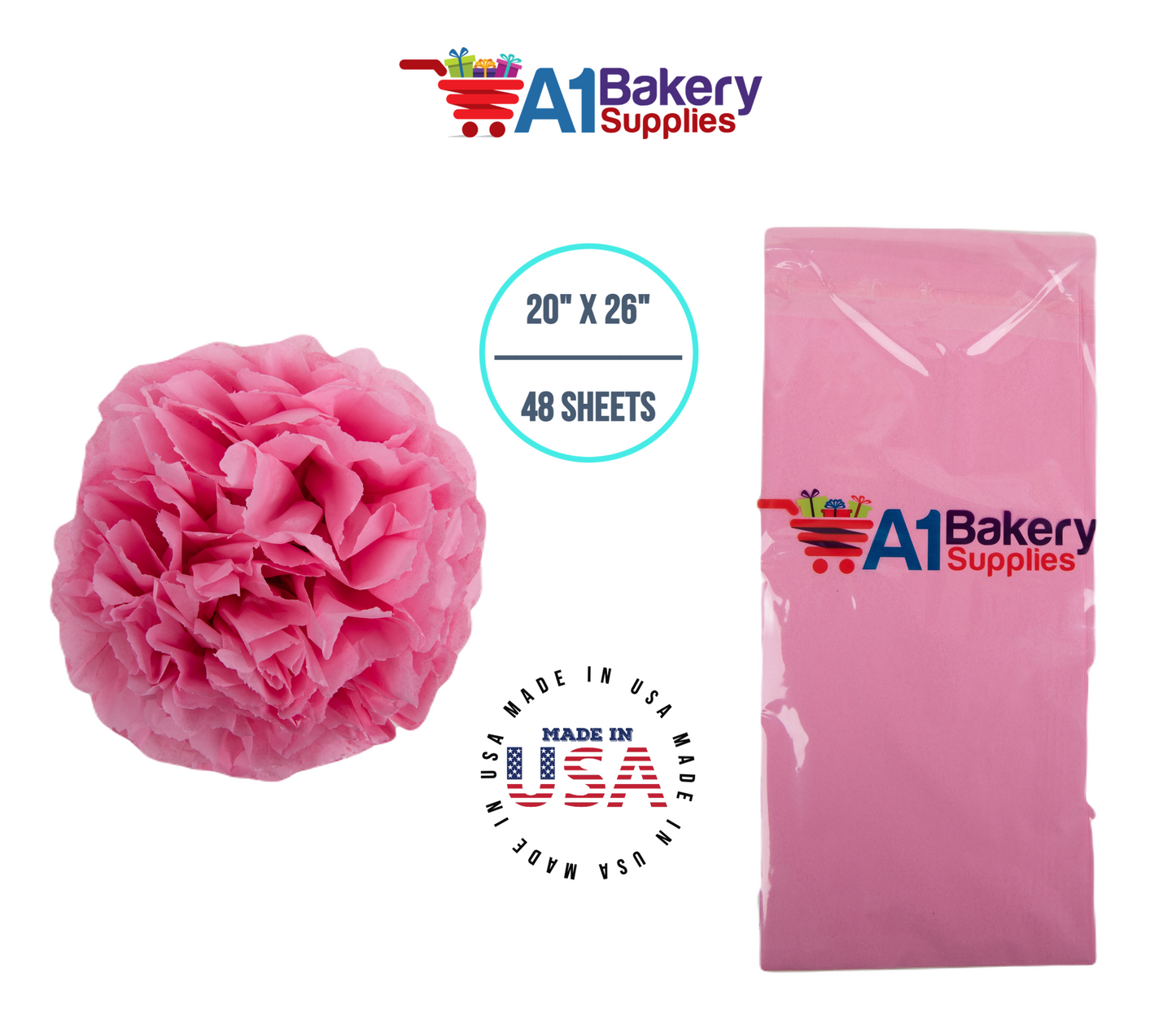 Pink Tissue Paper Squares, Bulk 48 Sheets, Premium Gift Wrap and Art Supplies for Birthdays, Holidays, or Presents by A1BakerySupplies, Medium 20 Inch x 26 Inch