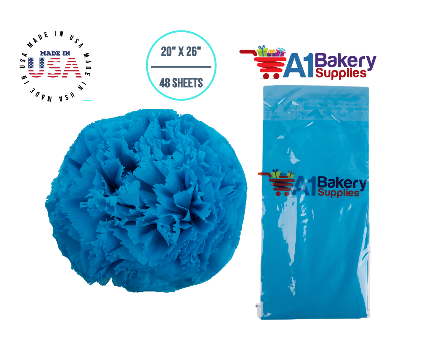 Turquoise Blue Tissue Paper Squares, Bulk 48 Sheets, Premium Gift Wrap and Art Supplies for Birthdays, Holidays, or Presents by A1BakerySupplies, Medium 20 Inch x 26 Inch