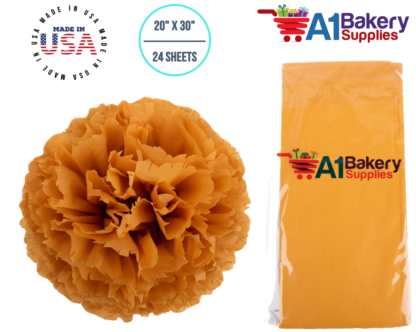 Goldenrod Tissue Paper Squares, Bulk 24 Sheets, Premium Gift Wrap and Art Supplies for Birthdays, Holidays, or Presents by A1BakerySupplies, Small 20 Inch x 30 Inch