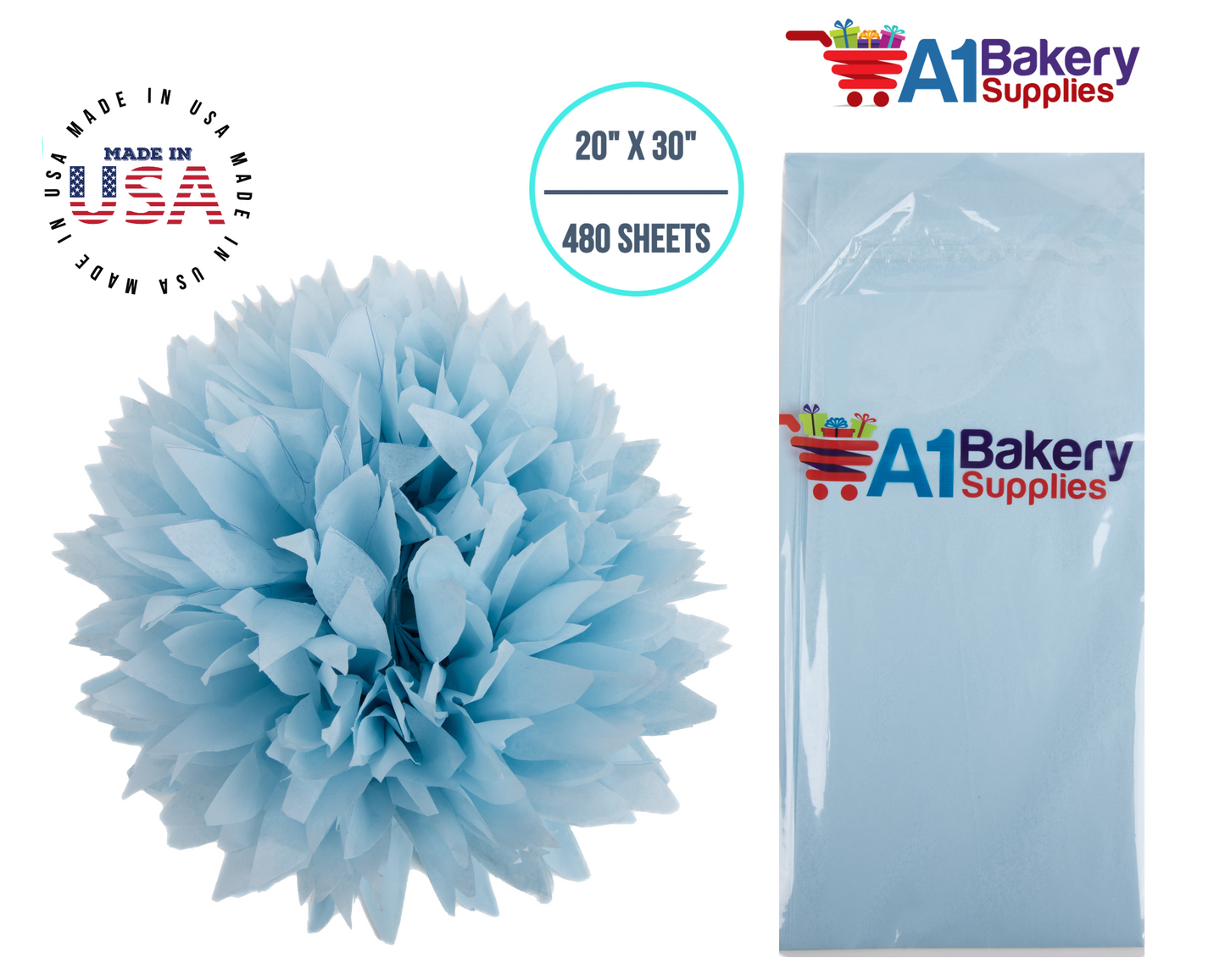 Light Blue Tissue Paper Squares, Bulk 480 Sheets, Premium Gift Wrap and Art Supplies for Birthdays, Holidays, or Presents by A1BakerySupplies, Large 20 Inch x 30 Inch