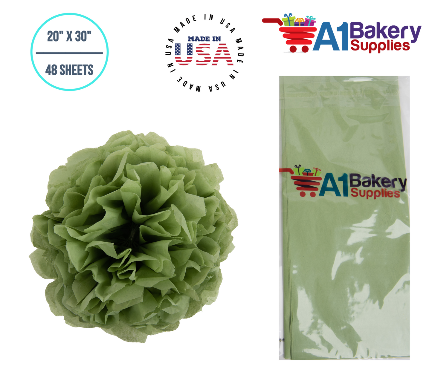 Sage Tissue Paper Squares, Bulk 48 Sheets, Premium Gift Wrap and Art Supplies for Birthdays, Holidays, or Presents by A1BakerySupplies, Medium 20 Inch x 30 Inch