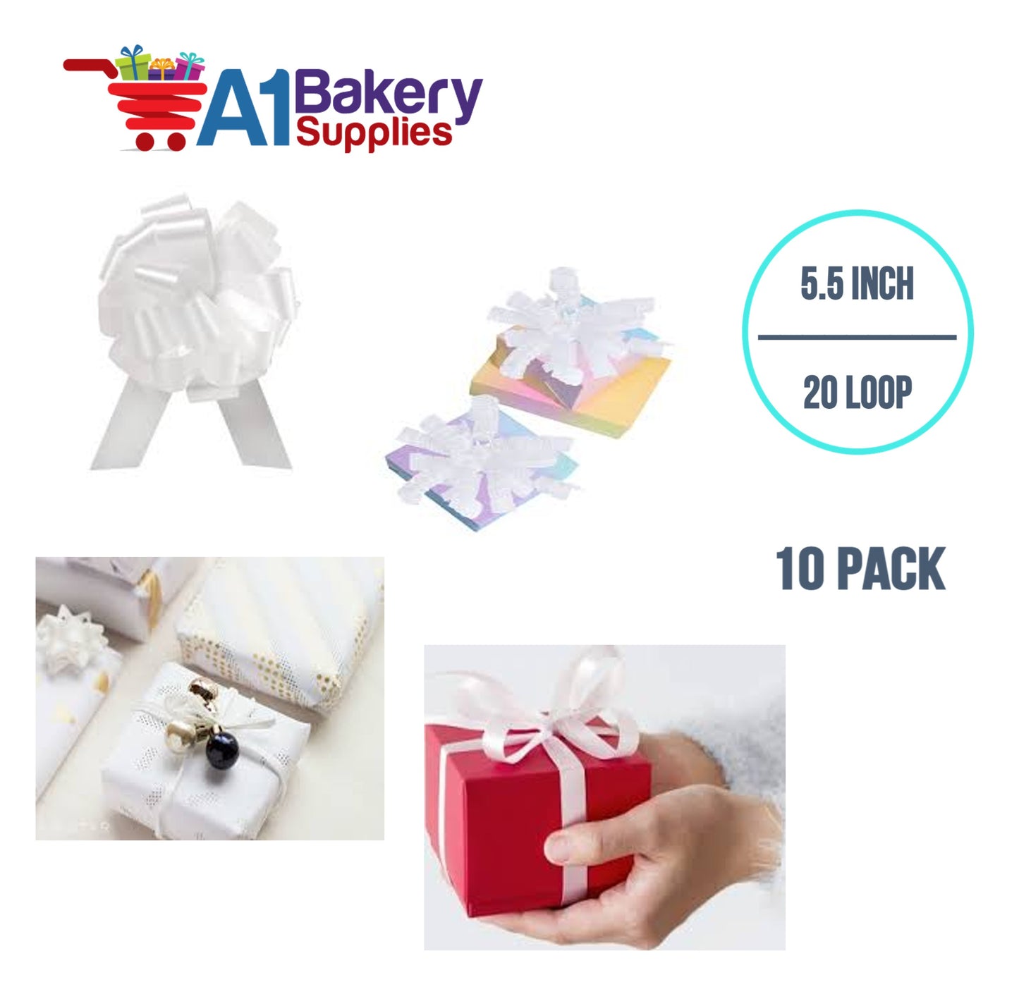A1BakerySupplies 10 Pieces Pull Bow for Gift Wrapping Gift Bows Pull Bow With Ribbon for Wedding Gift Baskets, 5.5 Inch 20 Loop in White Color