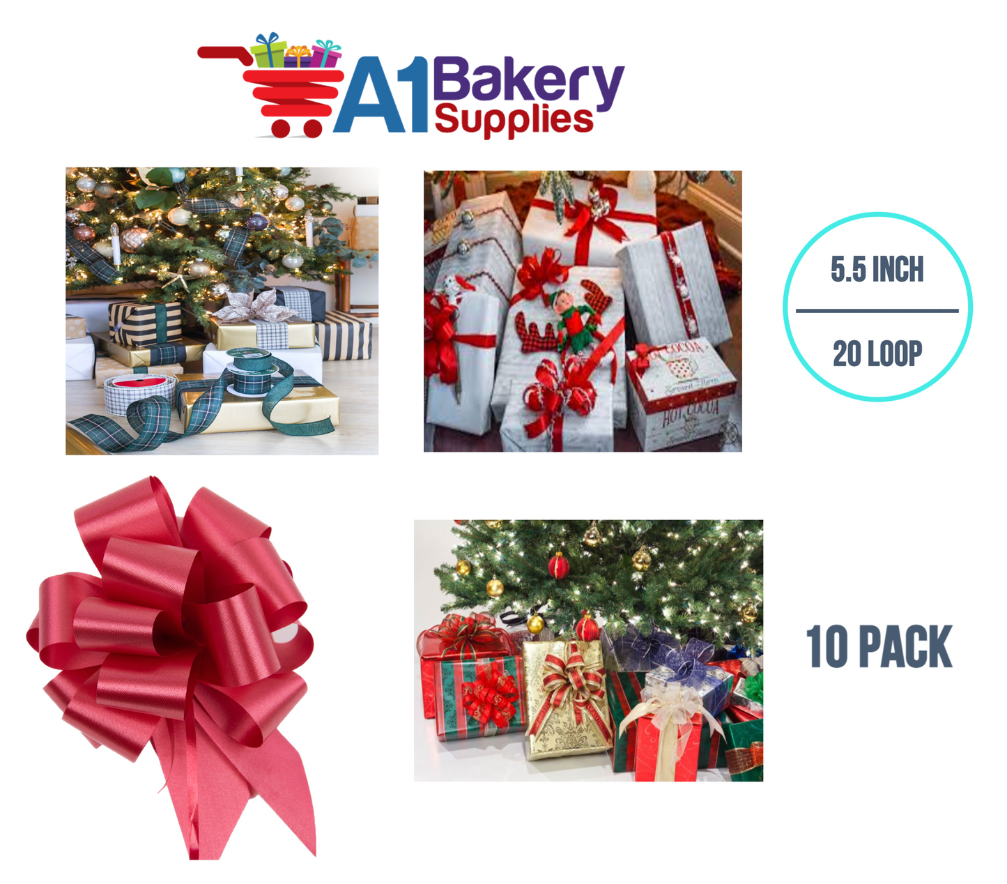A1BakerySupplies 10 Pieces Pull Bow for Gift Wrapping Gift Bows Pull Bow With Ribbon for Wedding Gift Baskets, 5.5 Inch 20 Loop in Red Color