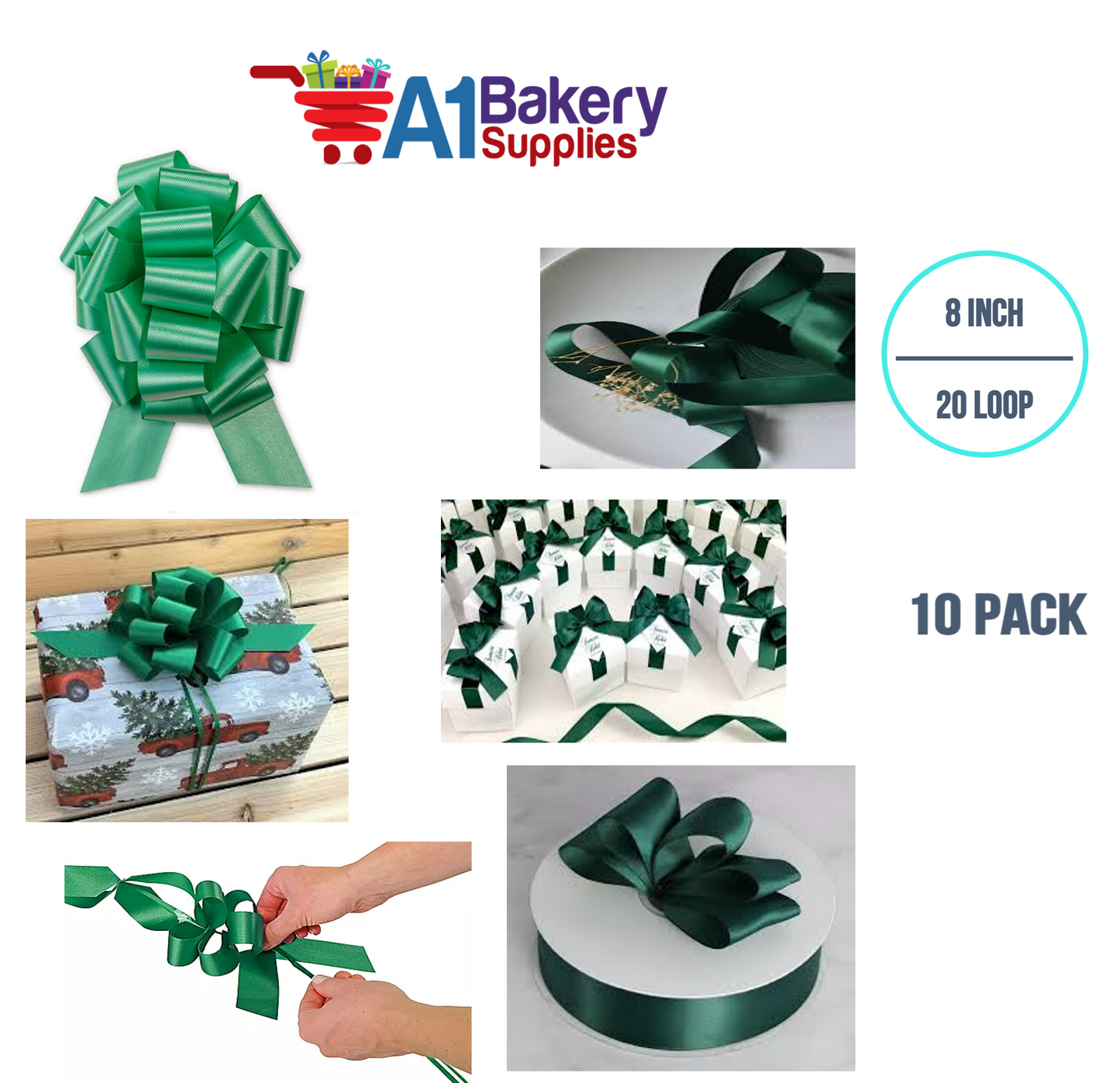 A1BakerySupplies 10 Pieces Pull Bow for Gift Wrapping Gift Bows Pull Bow With Ribbon for Wedding Gift Baskets, 8 Inch 20 Loop Emerald Green Flora Satin Color