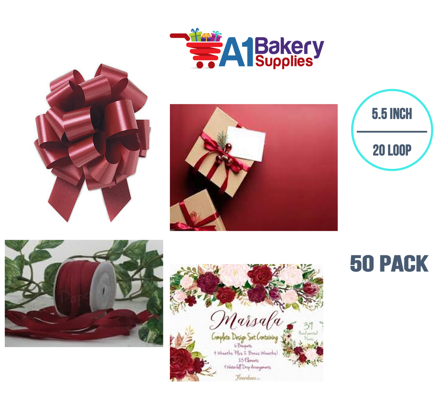 A1BakerySupplies 50 Pieces Pull Bow for Gift Wrapping Gift Bows Pull Bow With Ribbon for Wedding Gift Baskets, 5.5 Inch 20 Loop in Marsala Maroon Color