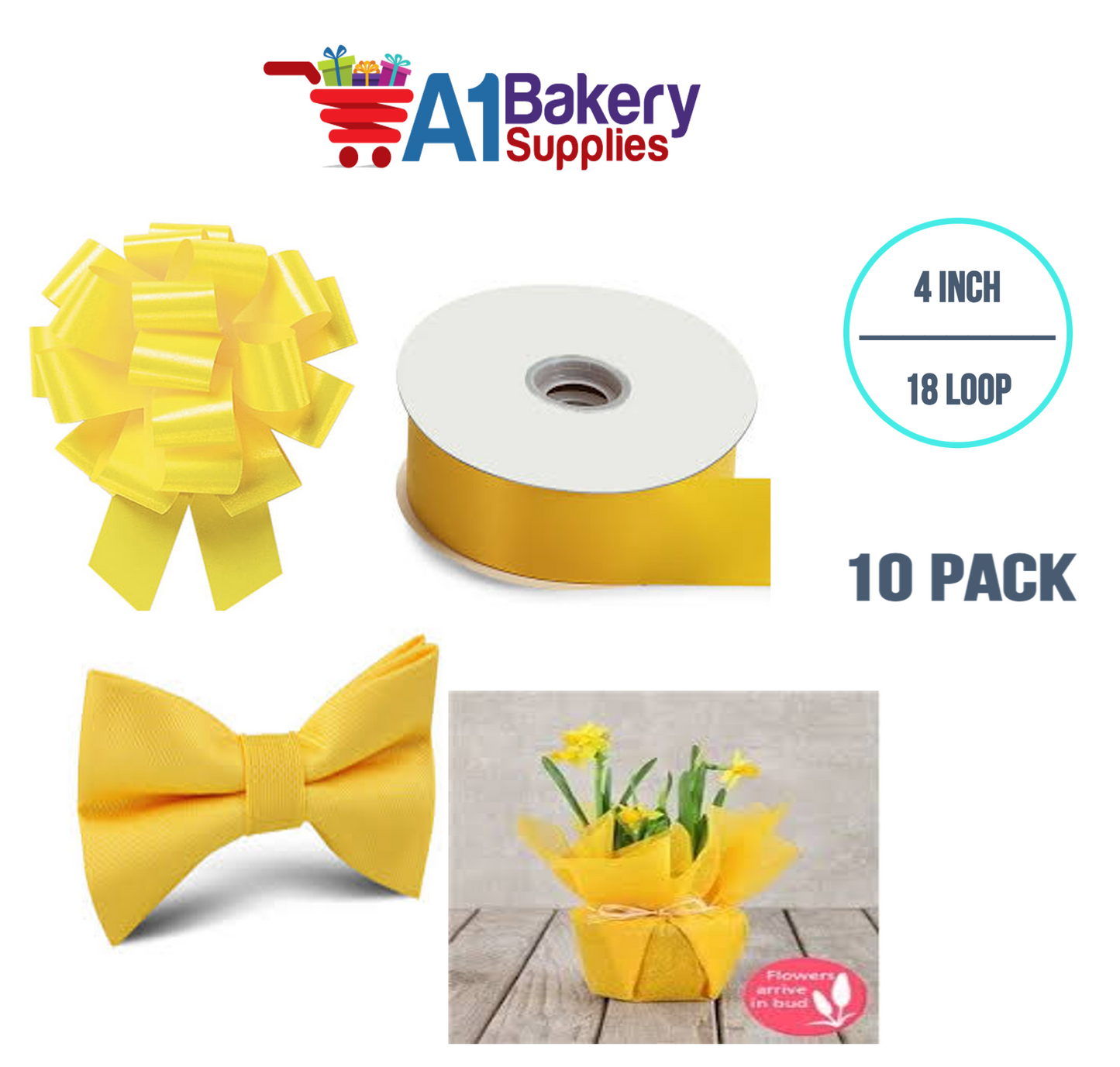 A1BakerySupplies 10 Pieces Pull Bow for Gift Wrapping Gift Bows Pull Bow With Ribbon for Wedding Gift Baskets, 4 Inch 18 Loop Yellow Daffodil Flora Satin Color