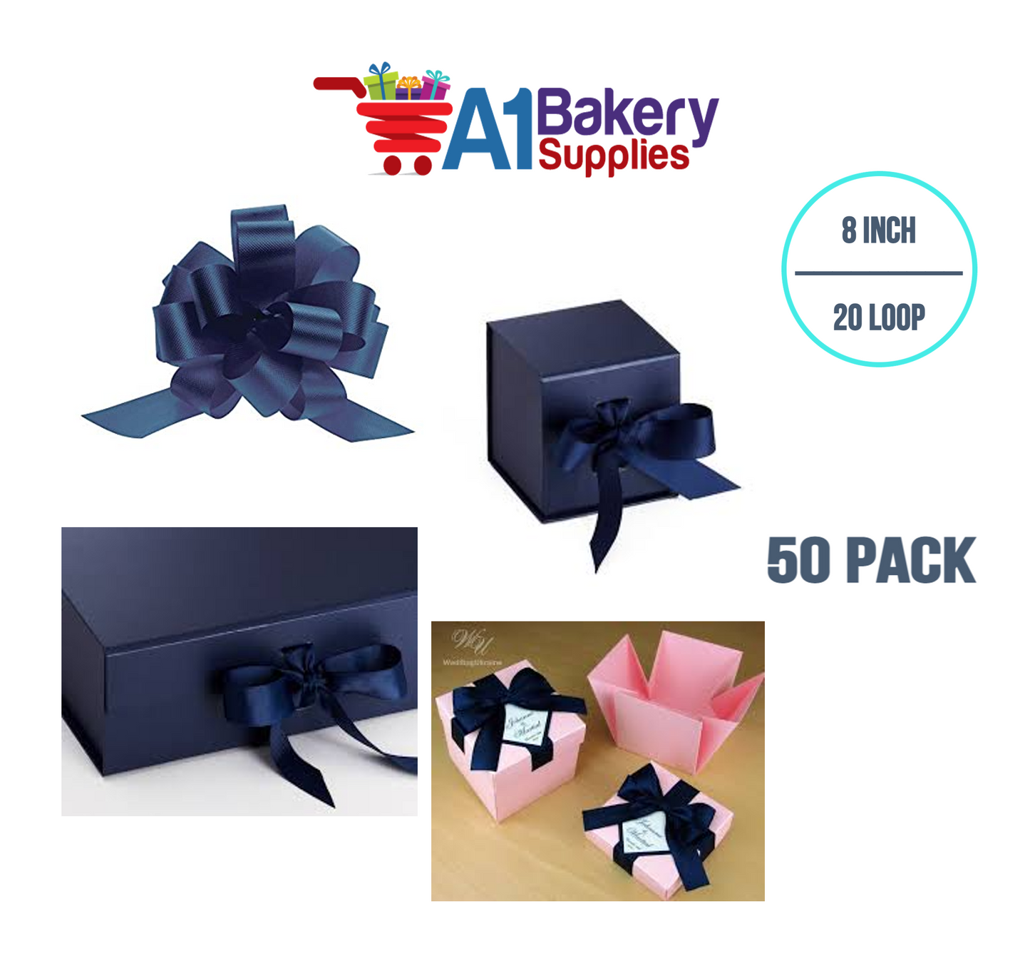 A1BakerySupplies 50 Pieces Pull Bow for Gift Wrapping Gift Bows Pull Bow With Ribbon for Wedding Gift Baskets, 8 Inch 20 Loop Navy Blue Flora Satin Color
