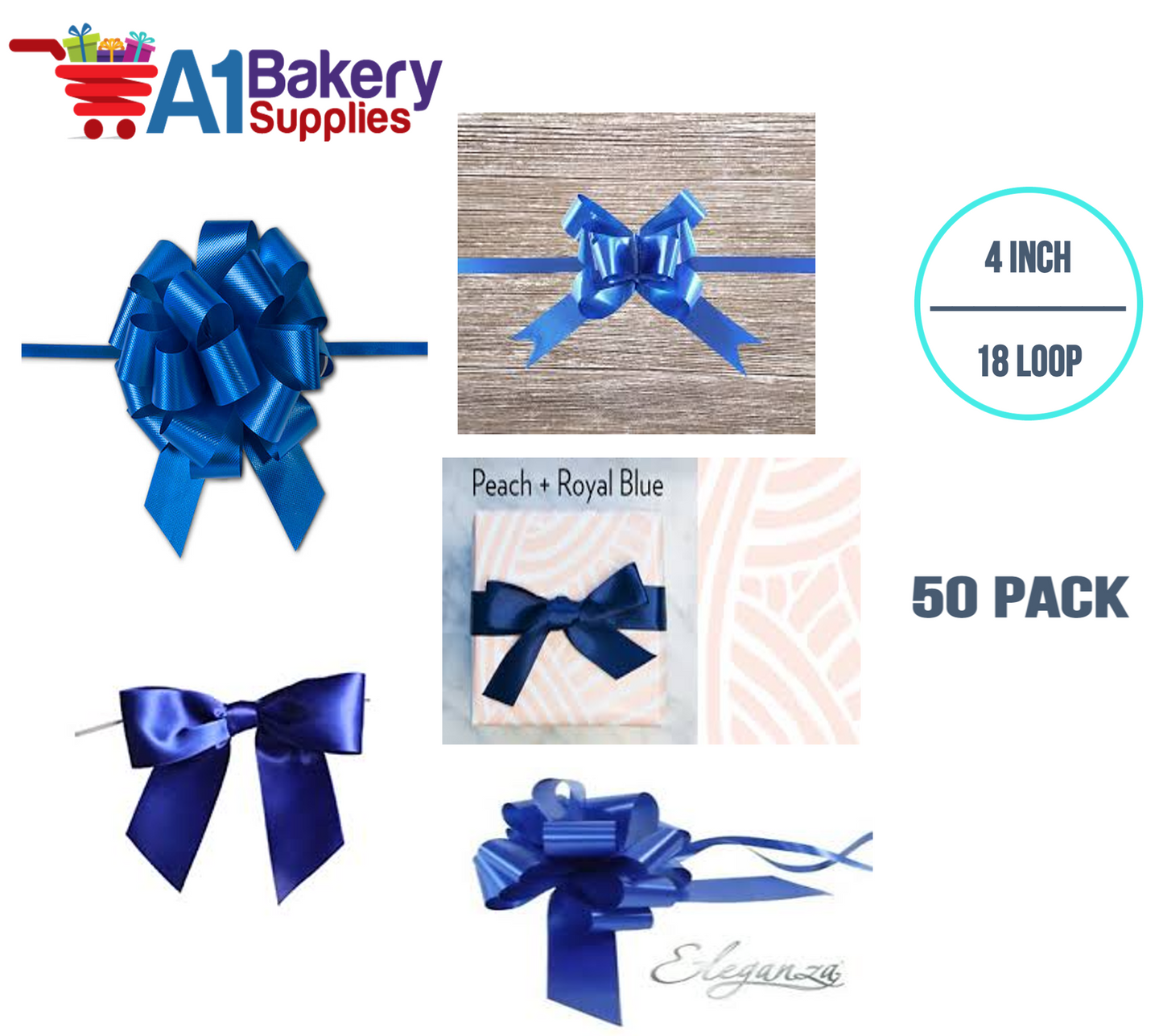 A1BakerySupplies 50 Pieces Pull Bow for Gift Wrapping Gift Bows Pull Bow With Ribbon for Wedding Gift Baskets, 4 Inch 18 Loop Royal Blue Flora Satin Color
