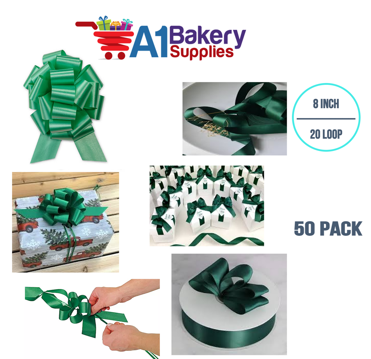 A1BakerySupplies 50 Pieces Pull Bow for Gift Wrapping Gift Bows Pull Bow With Ribbon for Wedding Gift Baskets, 8 Inch 20 Loop Emerald Green Flora Satin Color