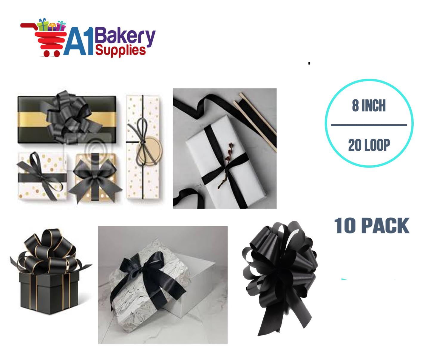 A1BakerySupplies 10 Pieces Pull Bow for Gift Wrapping Gift Bows Pull Bow With Ribbon for Wedding Gift Baskets, 8 Inch 20 Loop Black Flora Satin Color