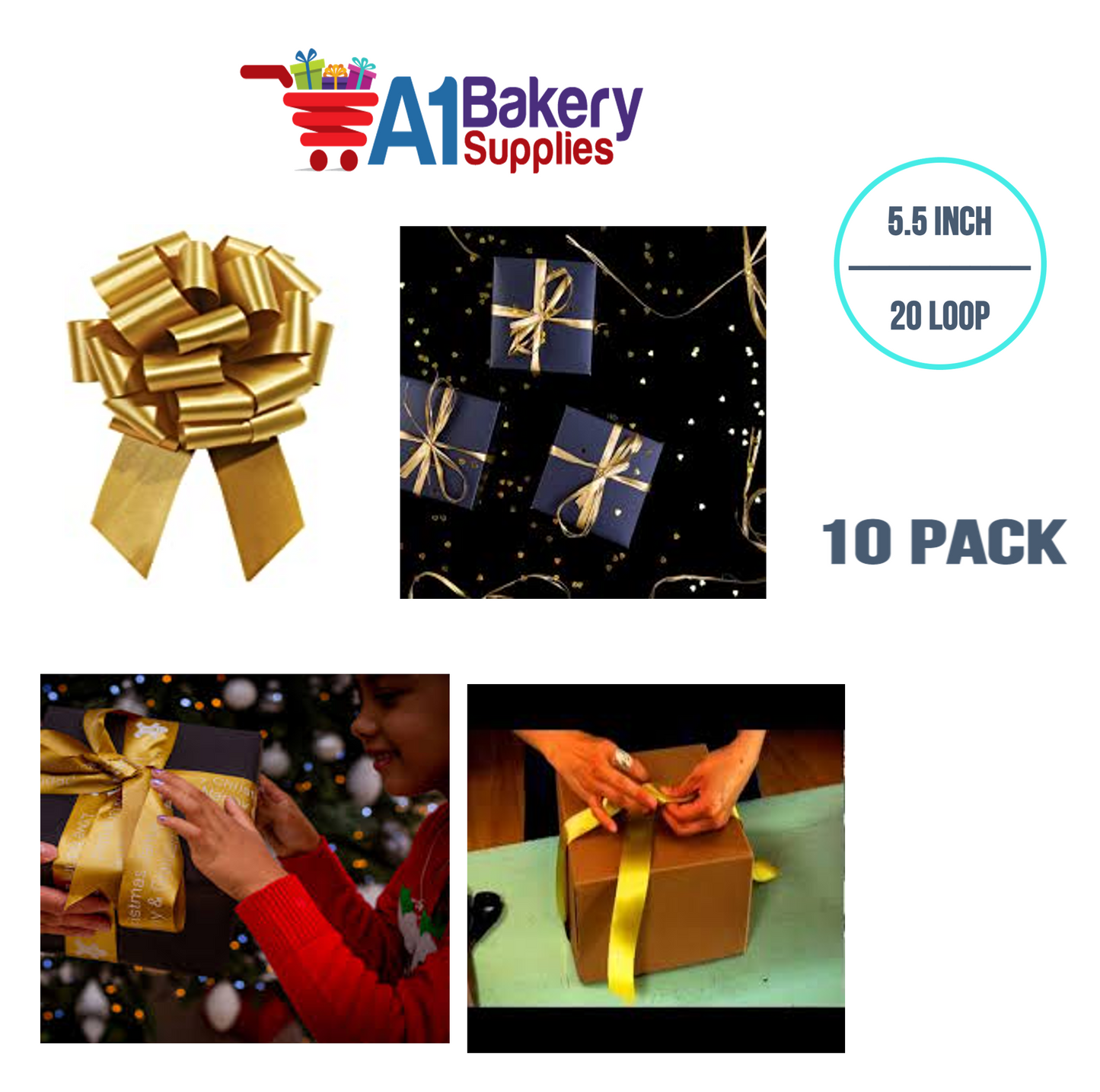 A1BakerySupplies 10 Pieces Pull Bow for Gift Wrapping Gift Bows Pull Bow With Ribbon for Wedding Gift Baskets, 5.5 Inch 20 Loop in Antique Gold Color