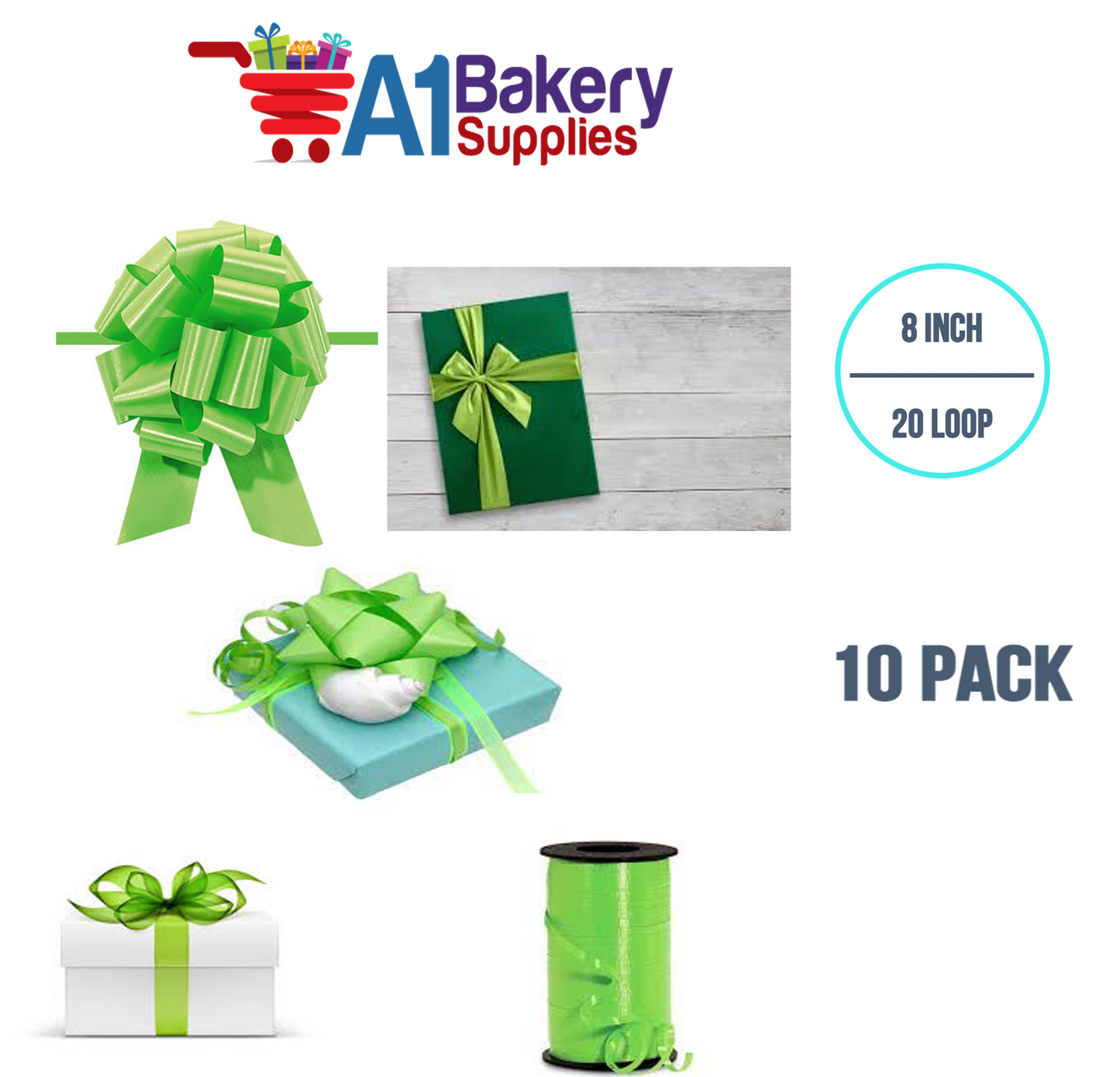 A1BakerySupplies 10 Pieces Pull Bow for Gift Wrapping Gift Bows Pull Bow With Ribbon for Wedding Gift Baskets, 8 Inch 20 Loop Citrus Green Flora Satin Color