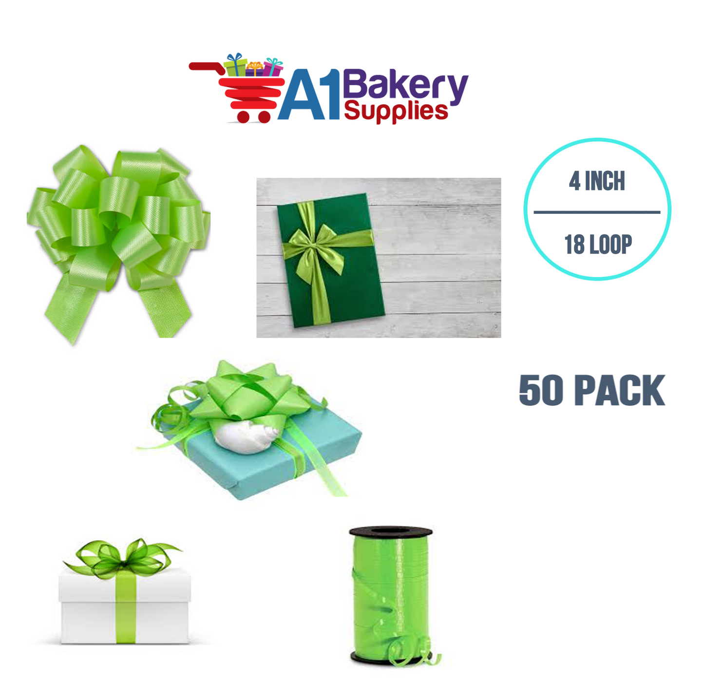 A1BakerySupplies 50 Pieces Pull Bow for Gift Wrapping Gift Bows Pull Bow With Ribbon for Wedding Gift Baskets, 4 Inch 18 Loop Citrus Green Flora Satin Color