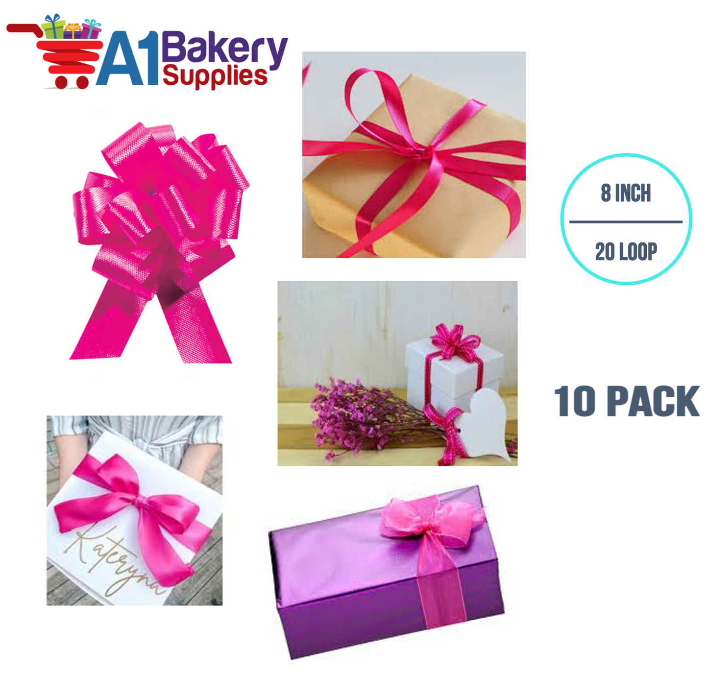 A1BakerySupplies 10 Pieces Pull Bow for Gift Wrapping Gift Bows Pull Bow With Ribbon for Wedding Gift Baskets, 8 Inch 20 Loop in Pink Beauty Flora Satin Color