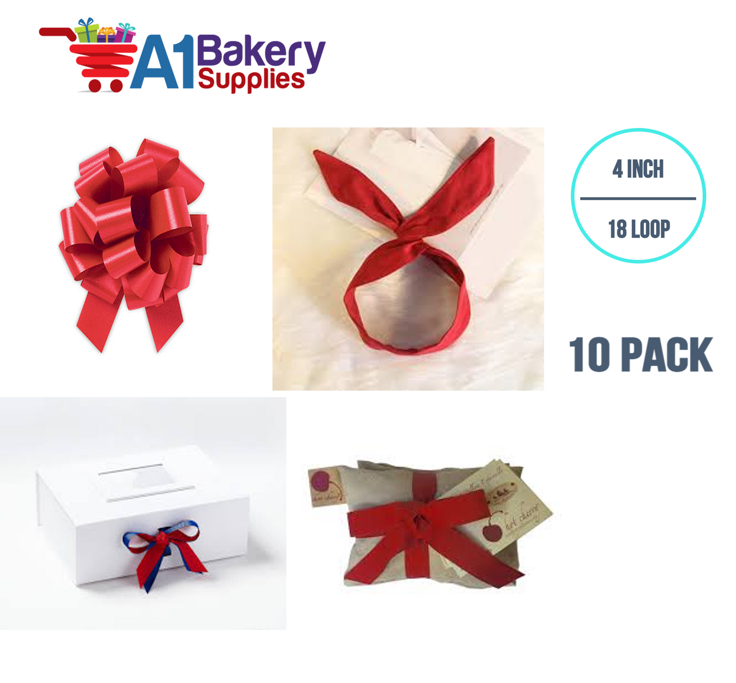 A1BakerySupplies 10 Pieces Pull Bow for Gift Wrapping Gift Bows Pull Bow With Ribbon for Wedding Gift Baskets, 4 Inch 18 Loop in Hot Red Flora Satin Color