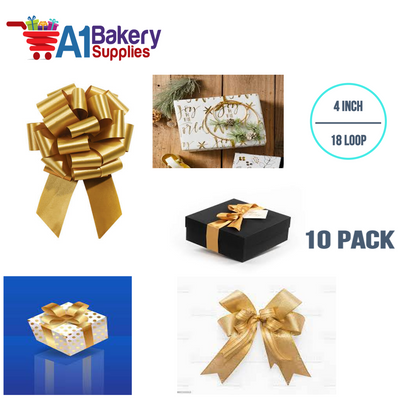 A1BakerySupplies 10 Pieces Pull Bow for Gift Wrapping Gift Bows Pull Bow With Ribbon for Wedding Gift Baskets, 4 Inch 18 Loop Holiday Gold Flora Satin Color