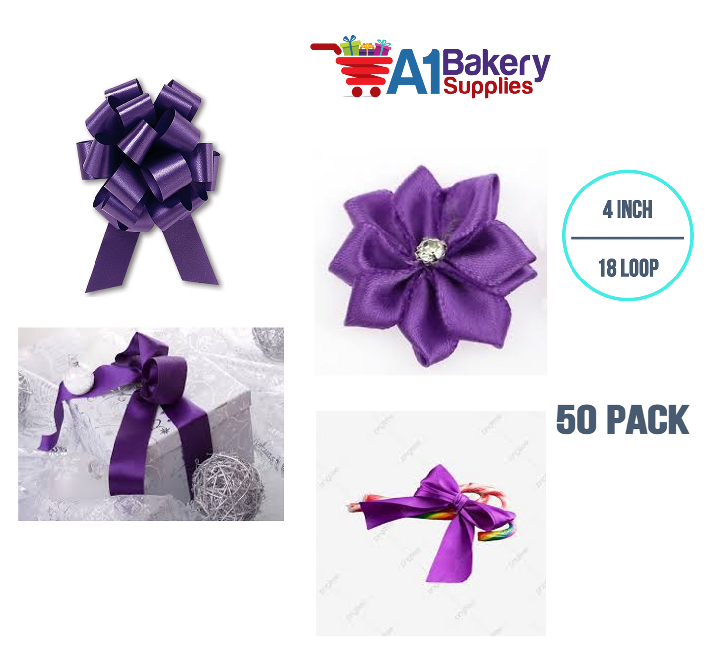 A1BakerySupplies 50 Pieces Pull Bow for Gift Wrapping Gift Bows Pull Bow With Ribbon for Wedding Gift Baskets, 4 Inch 18 Loop Purple Flora Satin Color