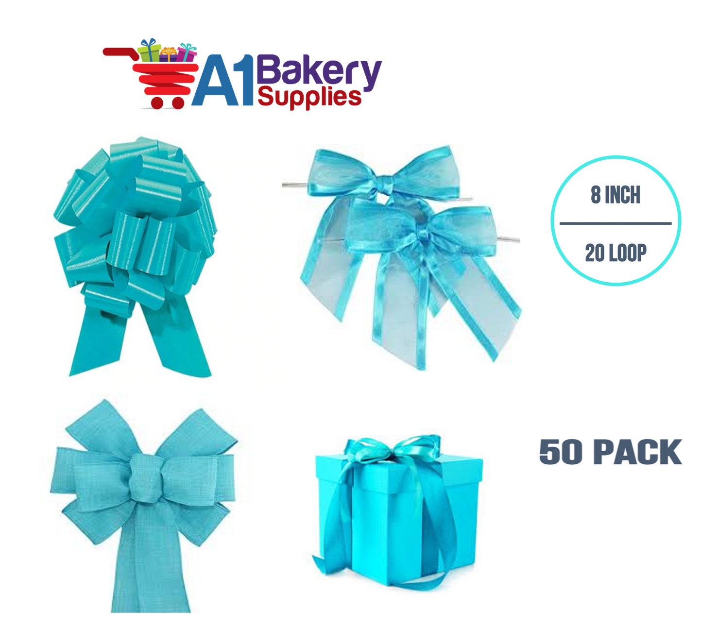 A1BakerySupplies 50 Pieces Pull Bow for Gift Wrapping Gift Bows Pull Bow With Ribbon for Wedding Gift Baskets, 8 Inch 20 Loop Turquoise Flora Satin Color