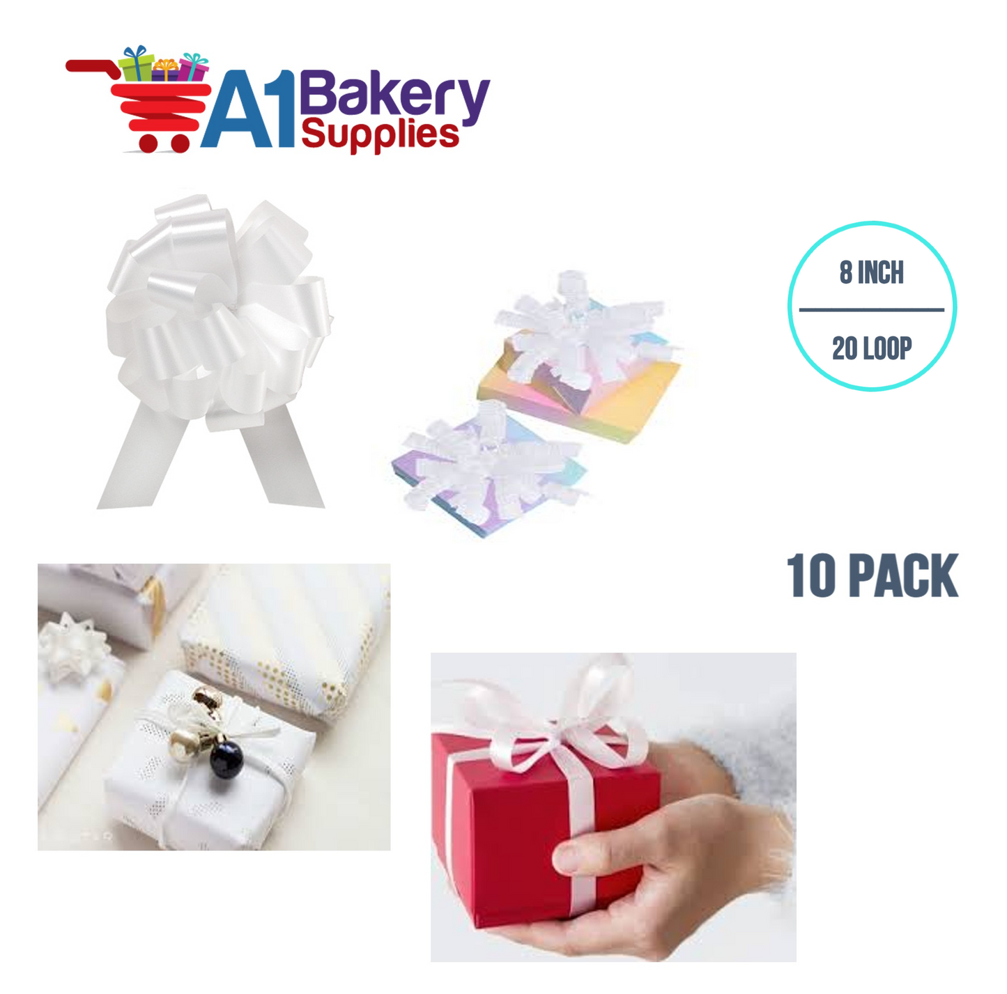 A1BakerySupplies 10 Pieces Pull Bow for Gift Wrapping Gift Bows Pull Bow With Ribbon for Wedding Gift Baskets, 8 Inch 20 Loop in White Flora Satin Color