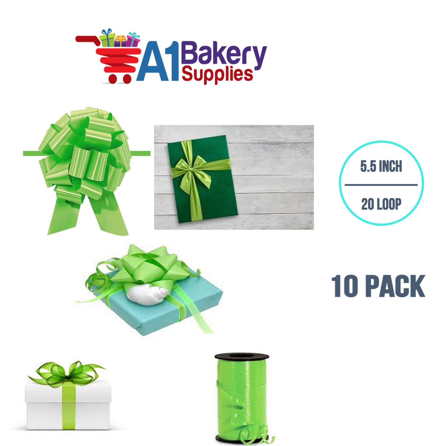 A1BakerySupplies 10 Pieces Pull Bow for Gift Wrapping Gift Bows Pull Bow With Ribbon for Wedding Gift Baskets, 5.5 Inch 20 Loop in Citrus Green Color
