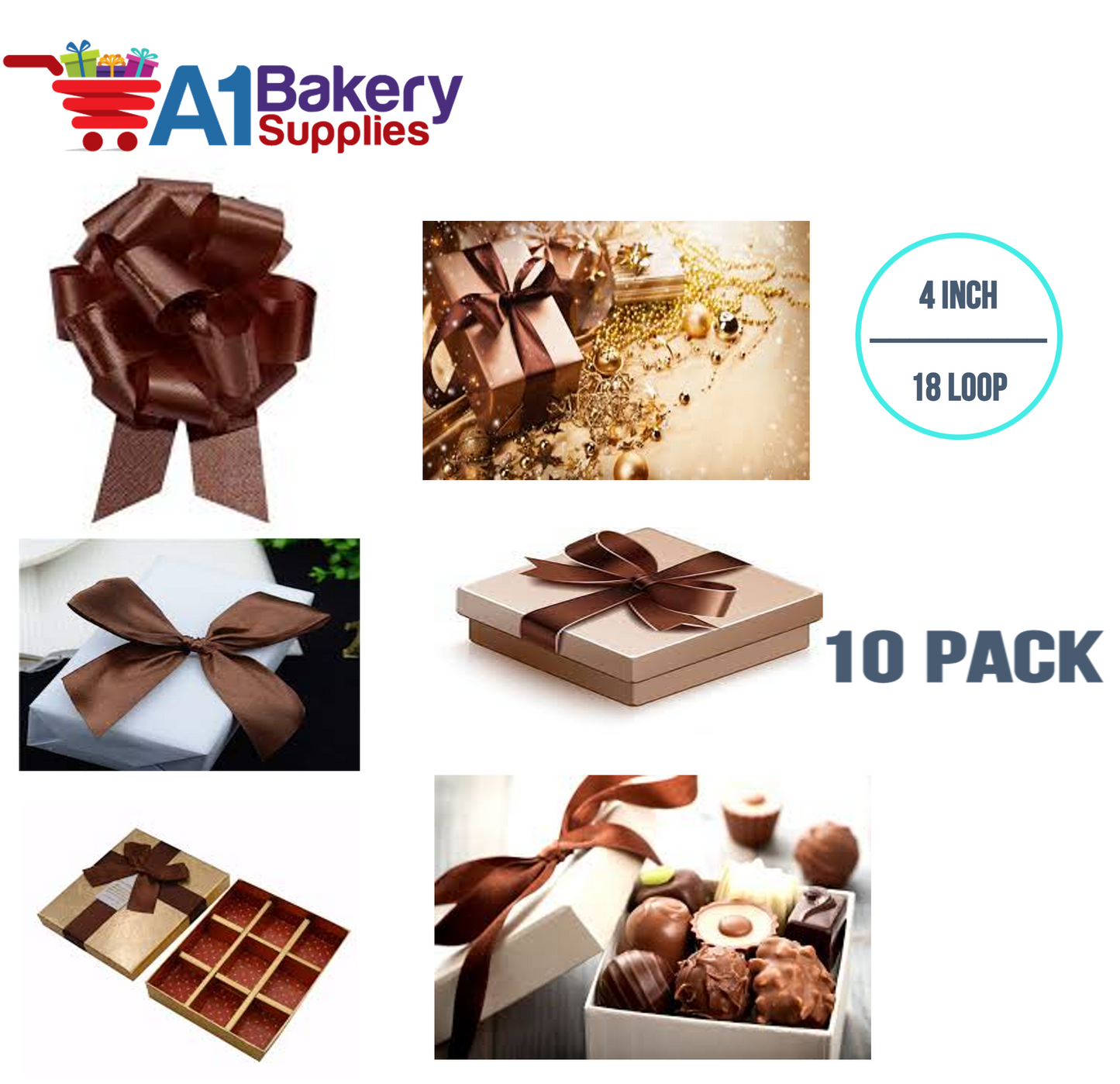 A1BakerySupplies 10 Pieces Pull Bow for Gift Wrapping Gift Bows Pull Bow With Ribbon for Wedding Gift Baskets, 4 Inch 18 Loop in Chocolate Flora Satin Color