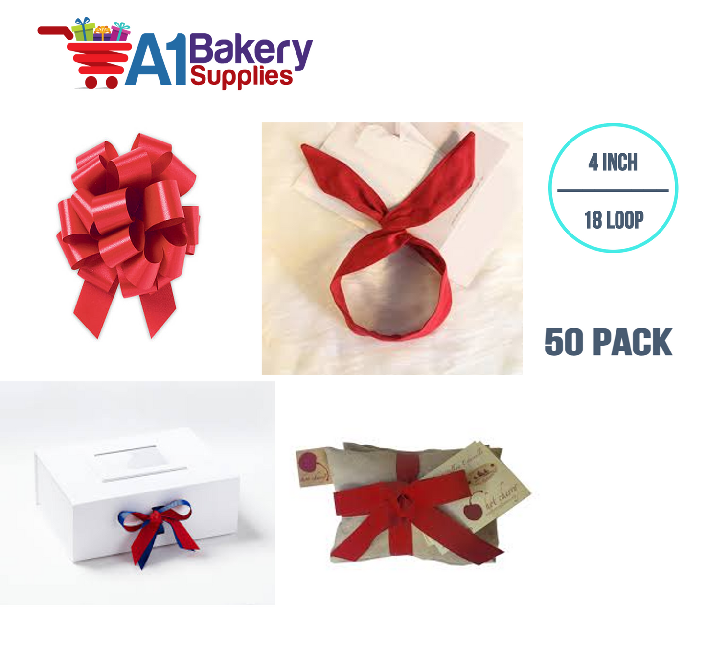 A1BakerySupplies 50 Pieces Pull Bow for Gift Wrapping Gift Bows Pull Bow With Ribbon for Wedding Gift Baskets, 4 Inch 18 Loop in Hot Red Flora Satin Color